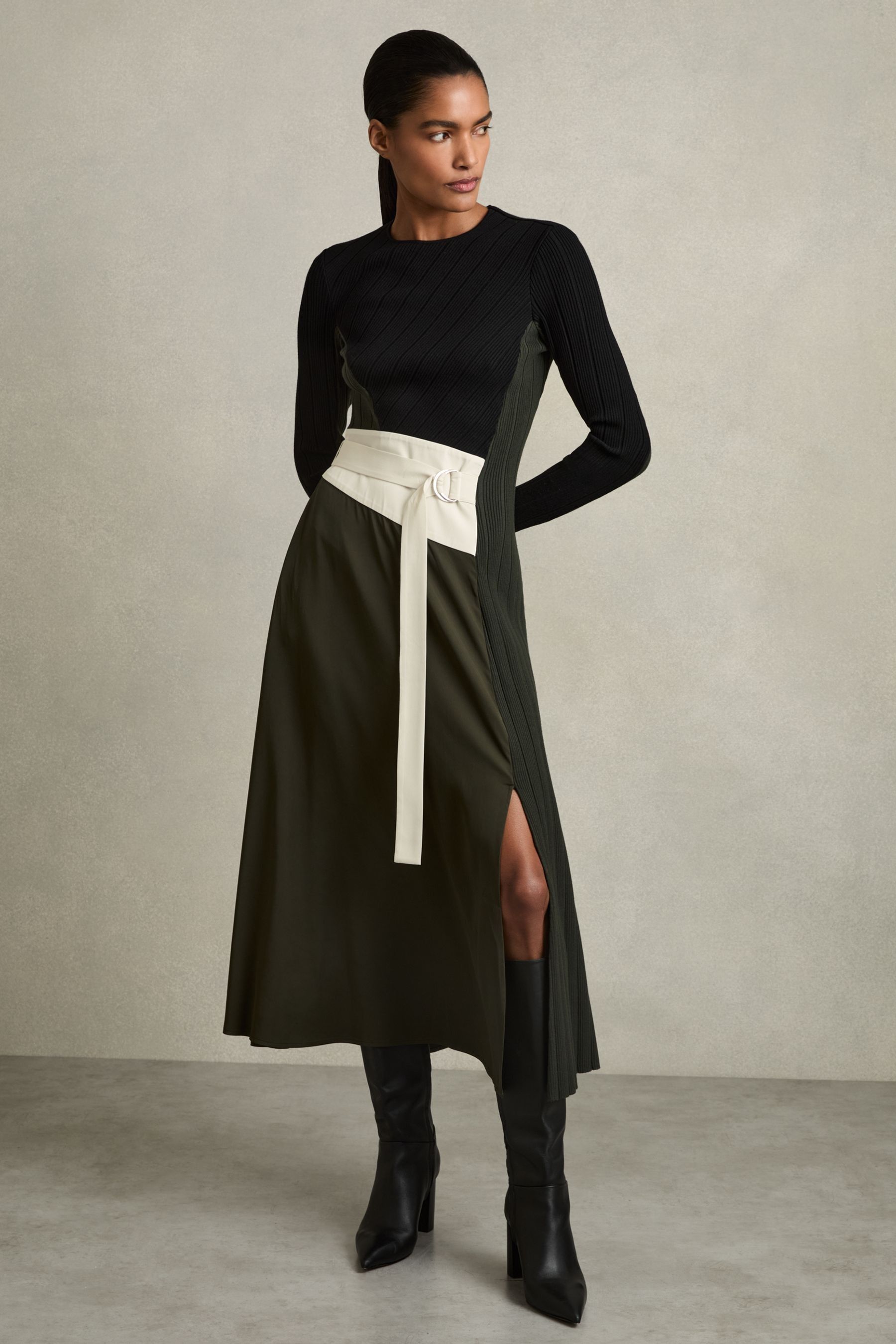 Reiss Khaki/black Rib-knit Panelled Belted Midi Dress In Khaki/black