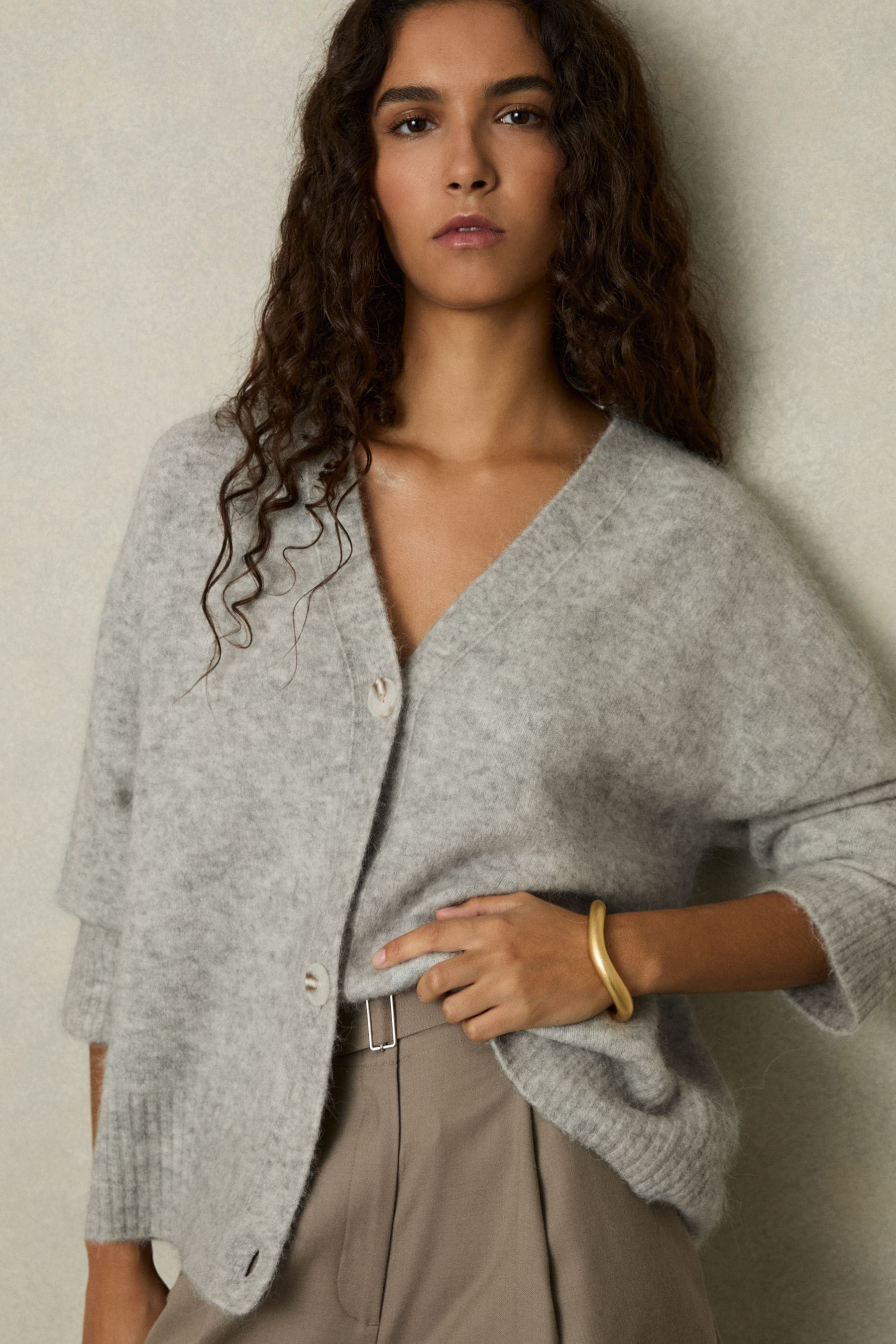 Reiss Grey Robyn Alpaca Wool-blend Brushed Cardigan In Grey