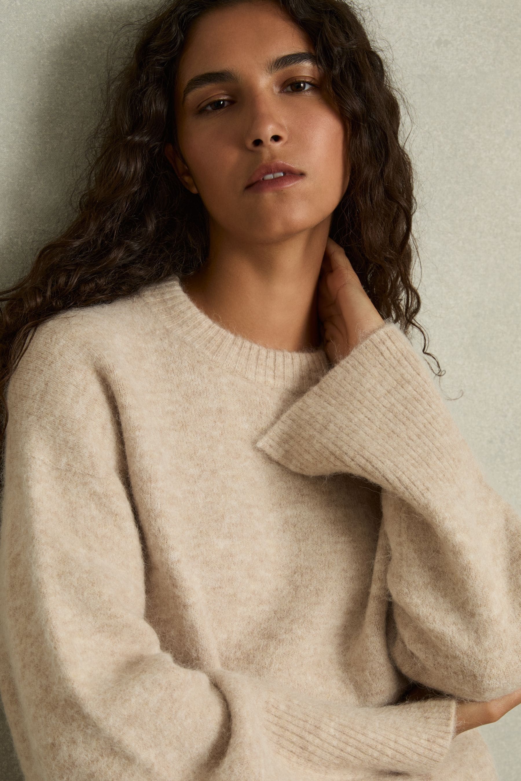 Reiss Neutral Brushed Crew-neck Jumper With Alpaca Wool In Neutral