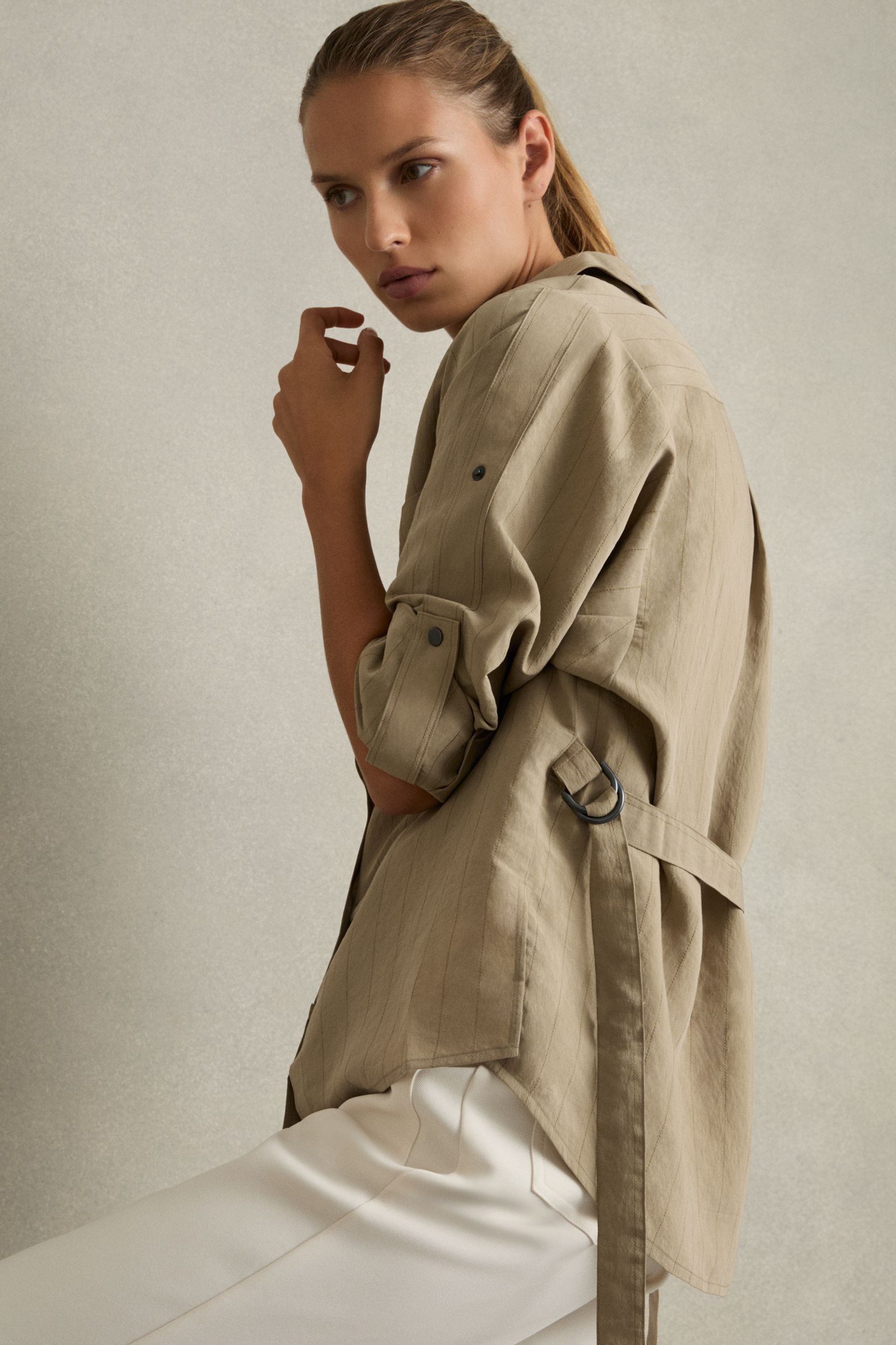Reiss Khaki Modal-blend Woven Pinstripe Shirt