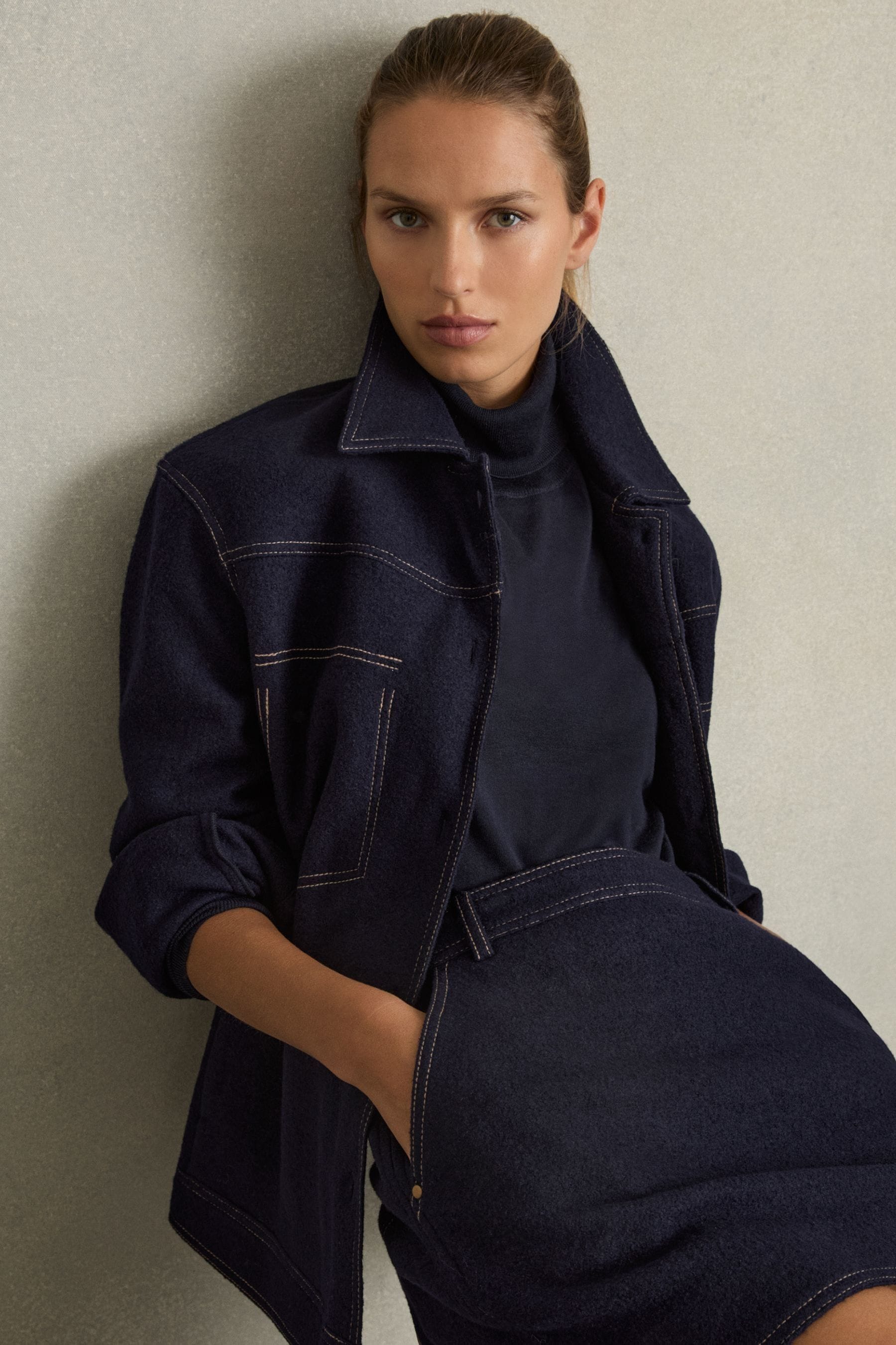 Reiss Navy Wool-blend Topstitch Woven Shirt In Navy