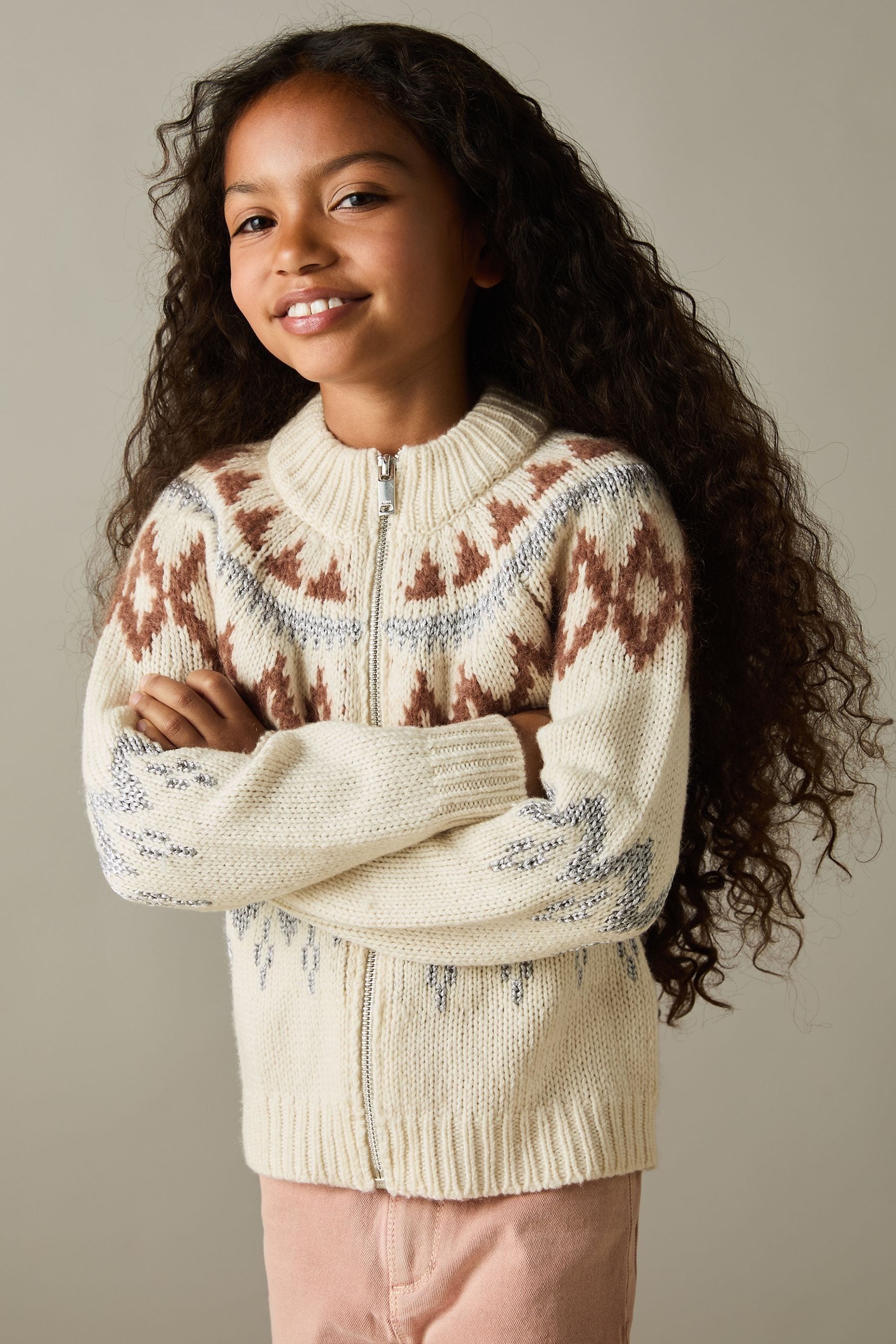 Reiss Cream Zipped Fairisle Pattern Cardigan With Wool And Cashmere