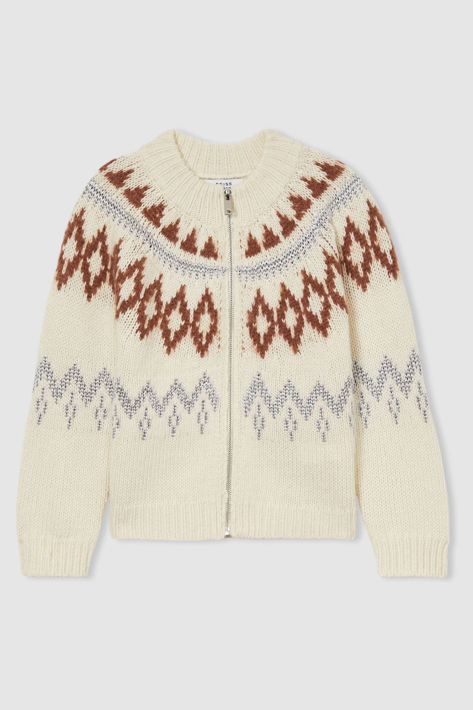 Reiss Cream 13-14 yrs Zipped Fairisle Pattern Cardigan With Wool and Cashmere,