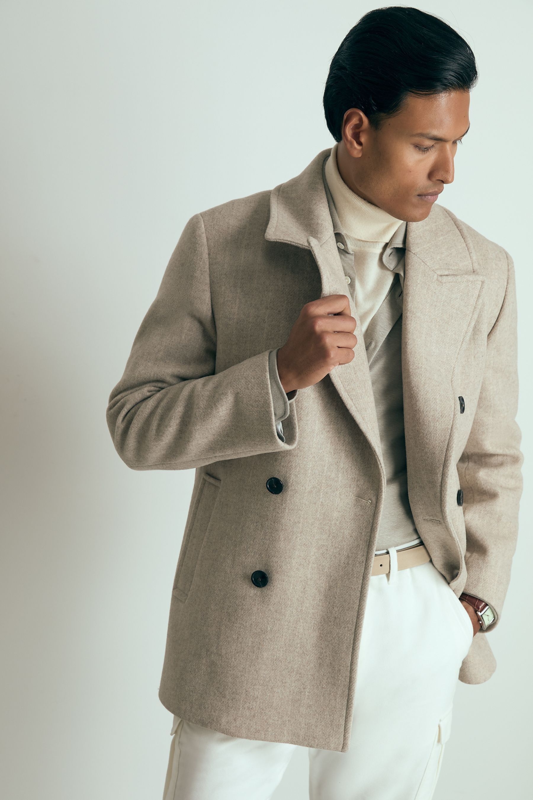 Reiss Oatmeal Wool-blend Pinstripe Pea Coat In Oatmeal