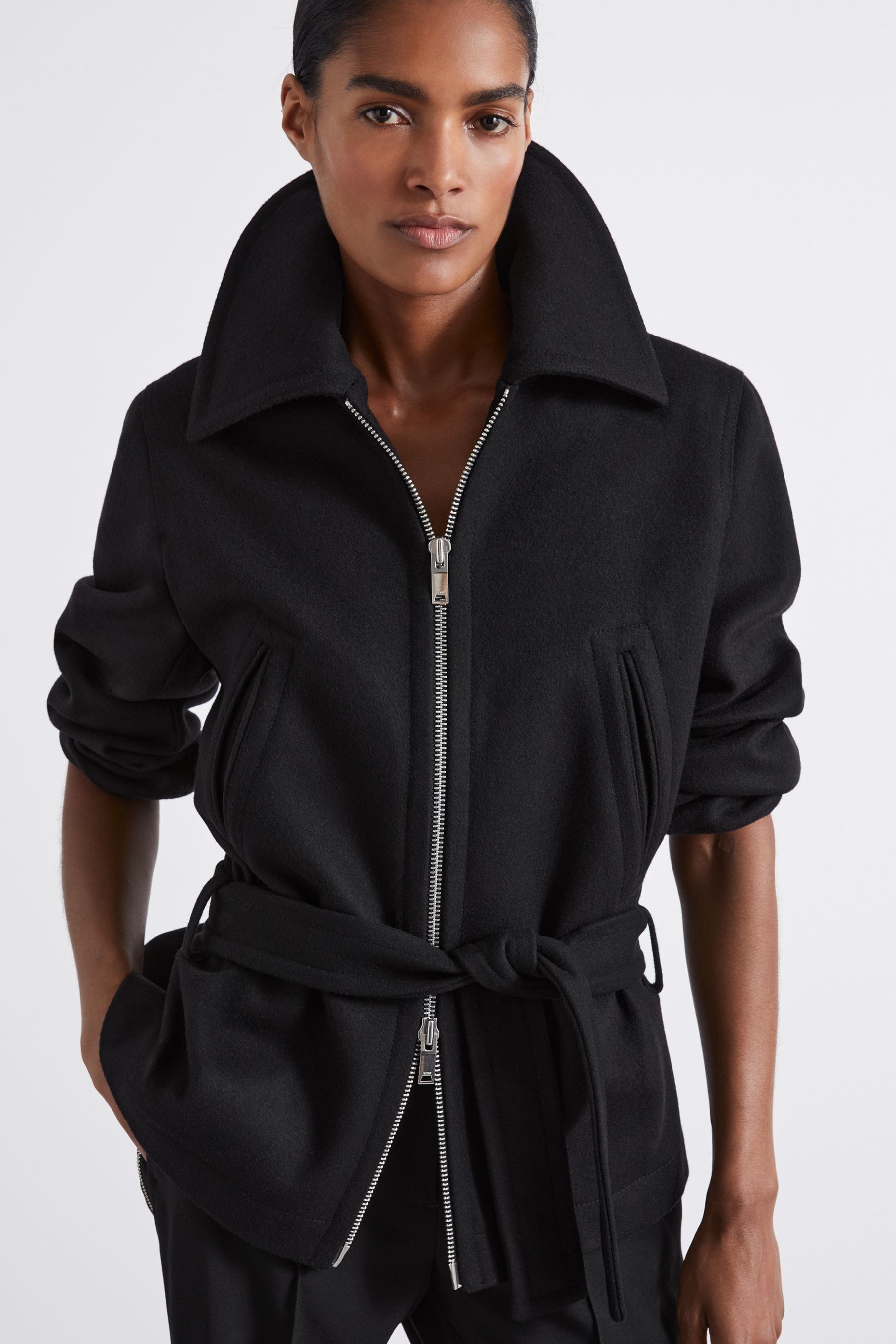Reiss Black Atelier Virgin Wool-blend Belted Coat In Black