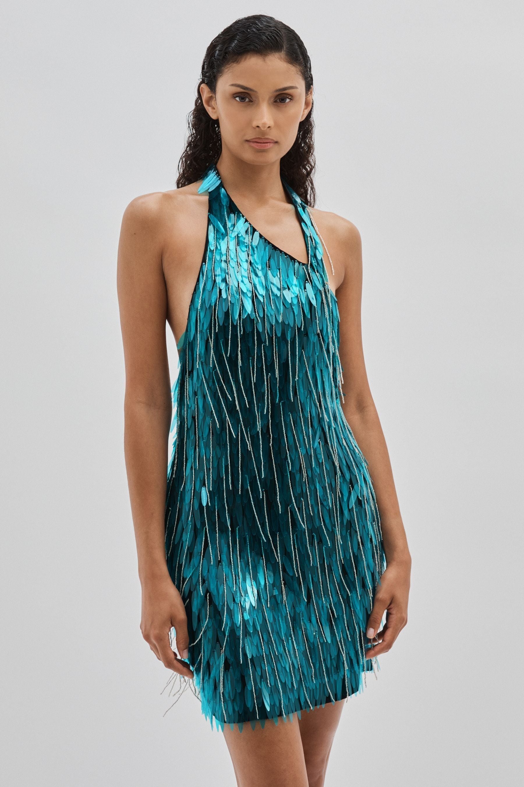 Ilta Sequinned And Beaded Halter-neck Dress In Turquoise