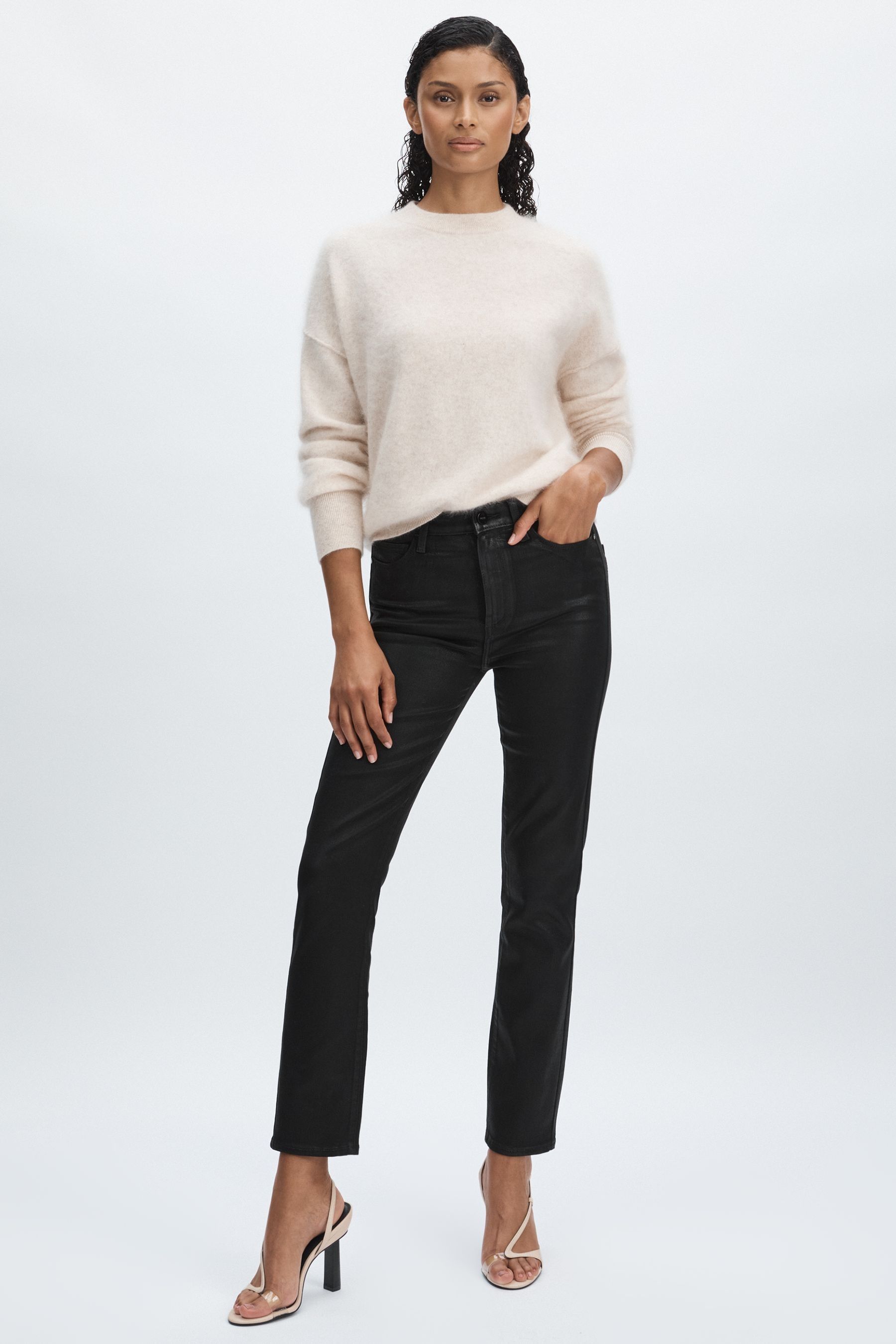 Paige Coated Straight-Leg Jeans, Black, 25