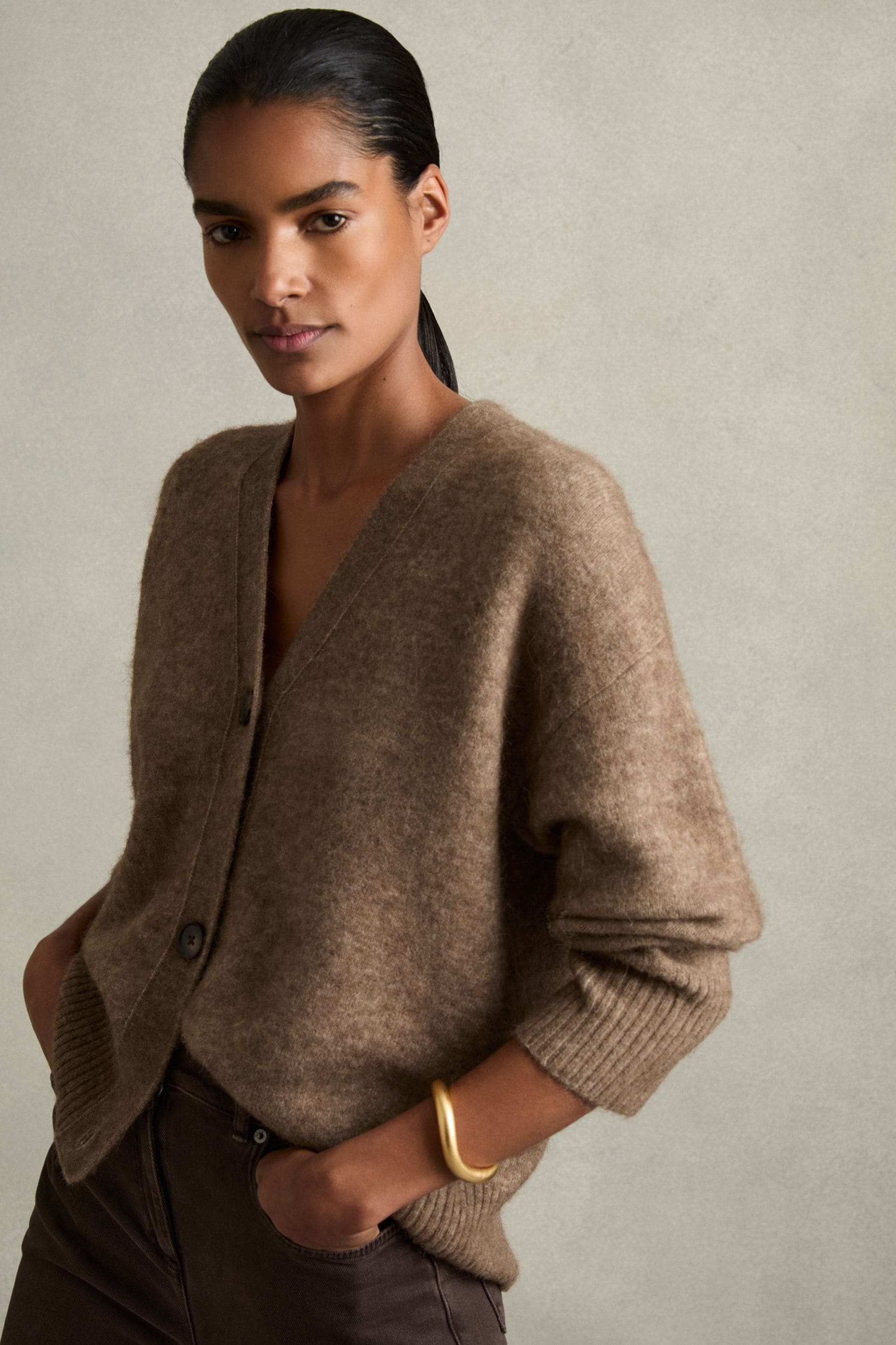 Reiss Mink Alpaca Wool-blend Brushed Cardigan In Mink
