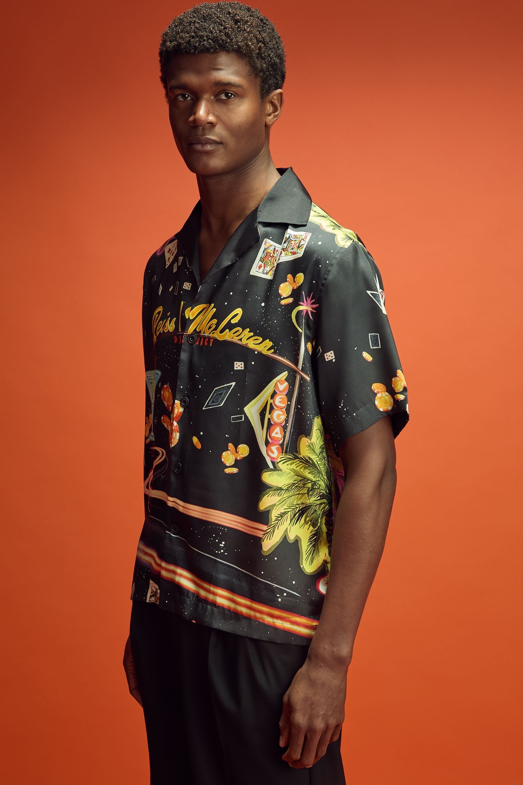 Reiss Mclaren X Mclaren F1 Team Black Multi Mclaren F1 Las Vegas Exclusive Cuban-collar Shirt In Black Multi