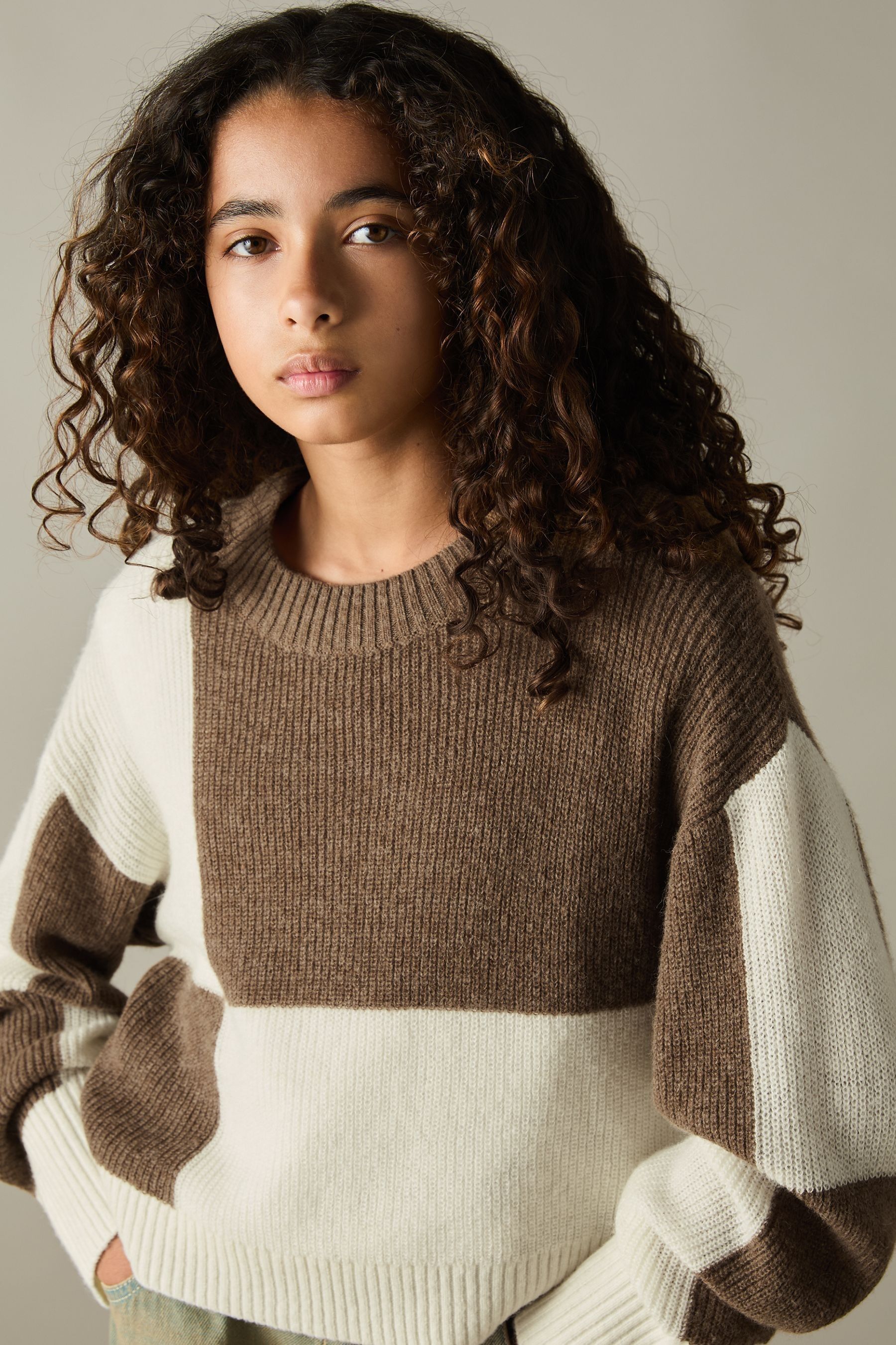 Reiss Brown 9-13 Yrs Colourblock-intarsia Jumper With Wool And Alpaca In Brown
