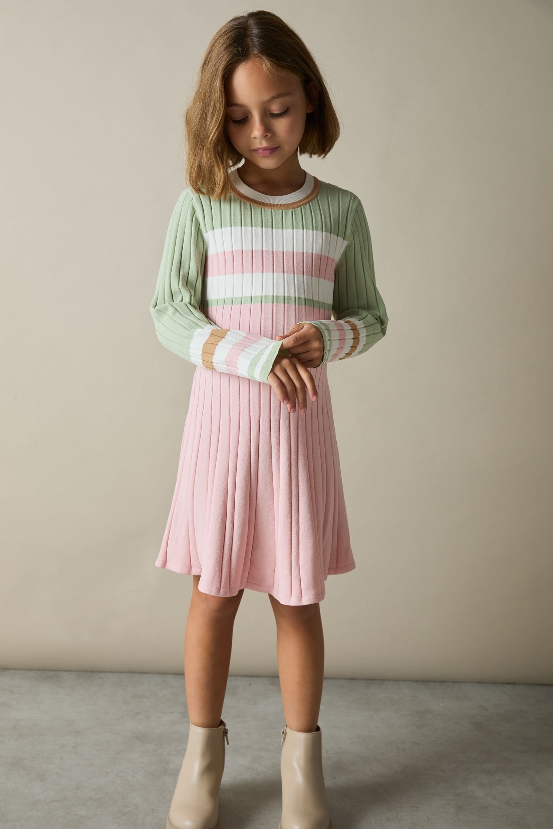 Reiss Pink 4-9 yrs Colour-Block Rib-Knit Skater Dress, 56Y