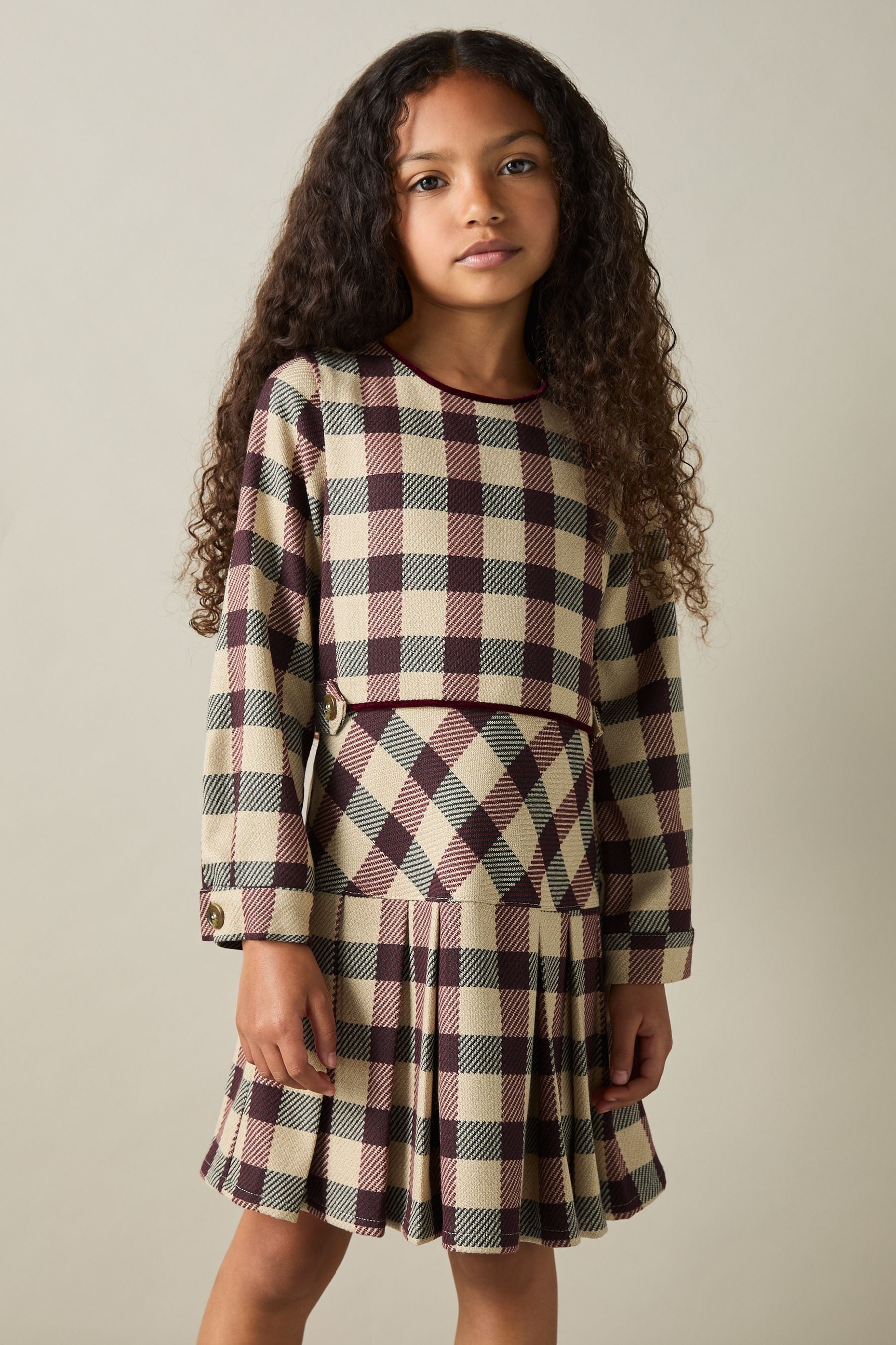 Reiss Burgundy 9-13 yrs Check Piped Pleated Dress, K12