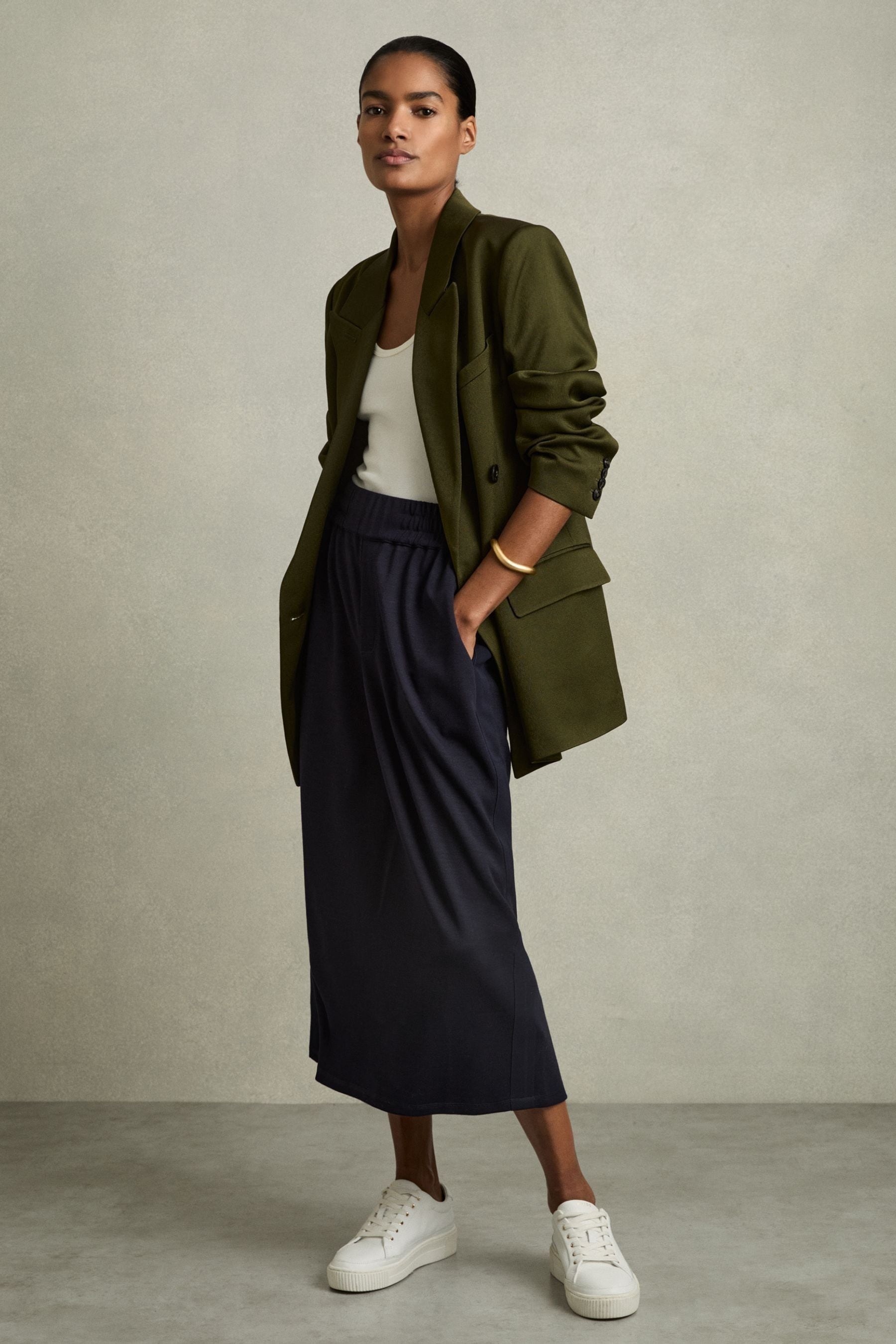 Reiss Navy Wool-blend Ruched Jersey Midi Skirt, 14