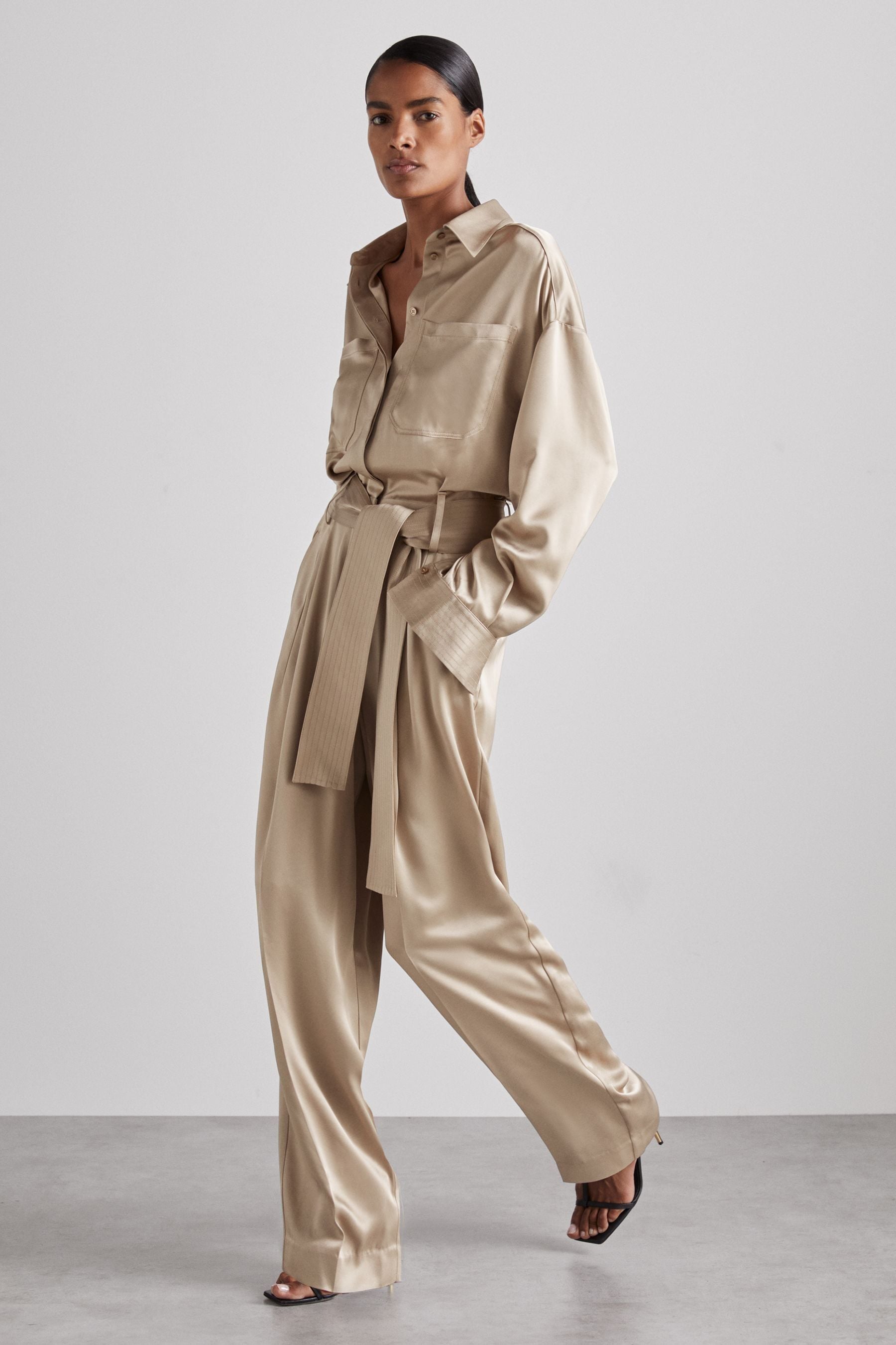Reiss Champagne Atelier Belted Satin Jumpsuit, 14