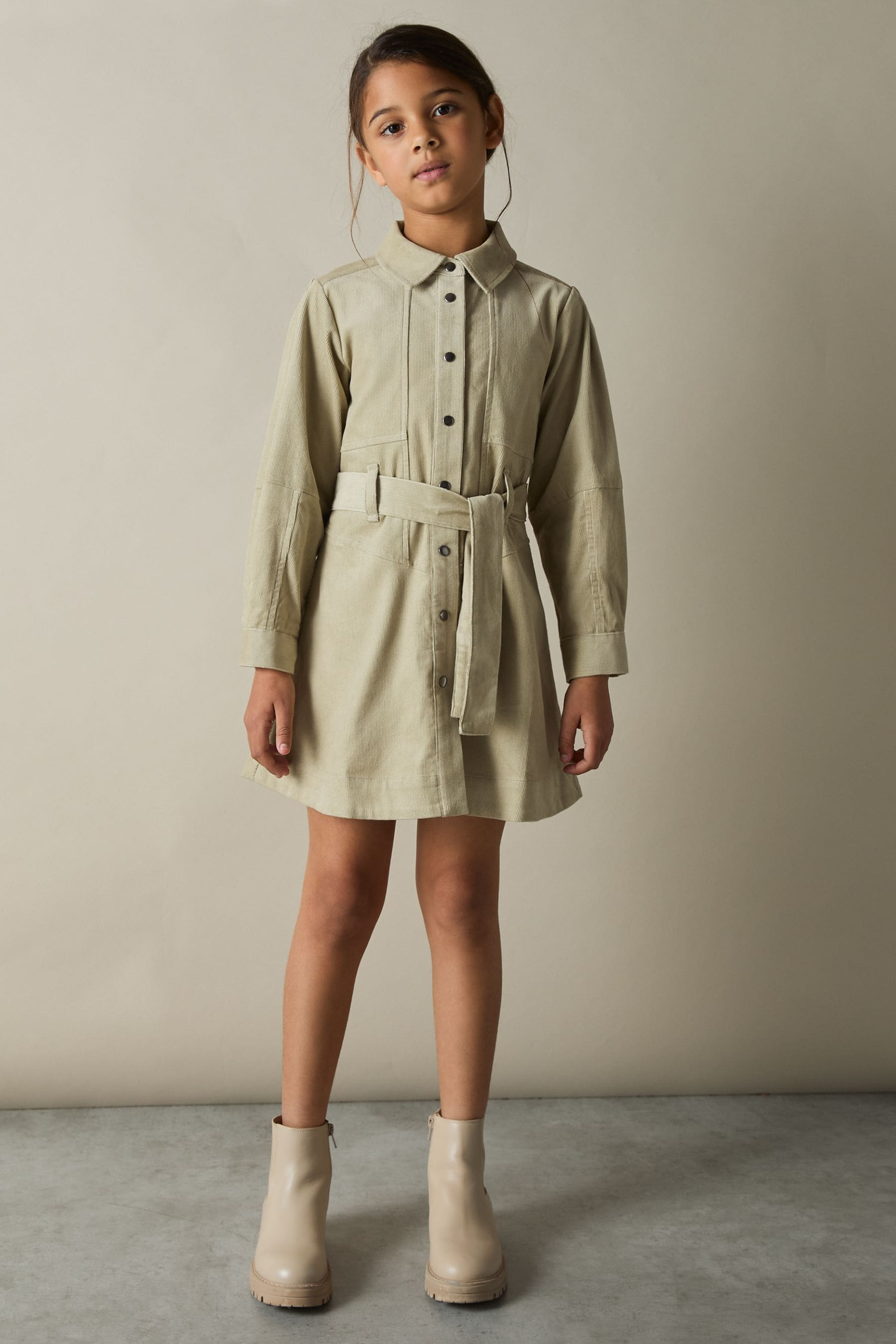REISS CAMEL MARA 4-9 YRS CORDUROY BELTED LONG-SLEEVE DRESS