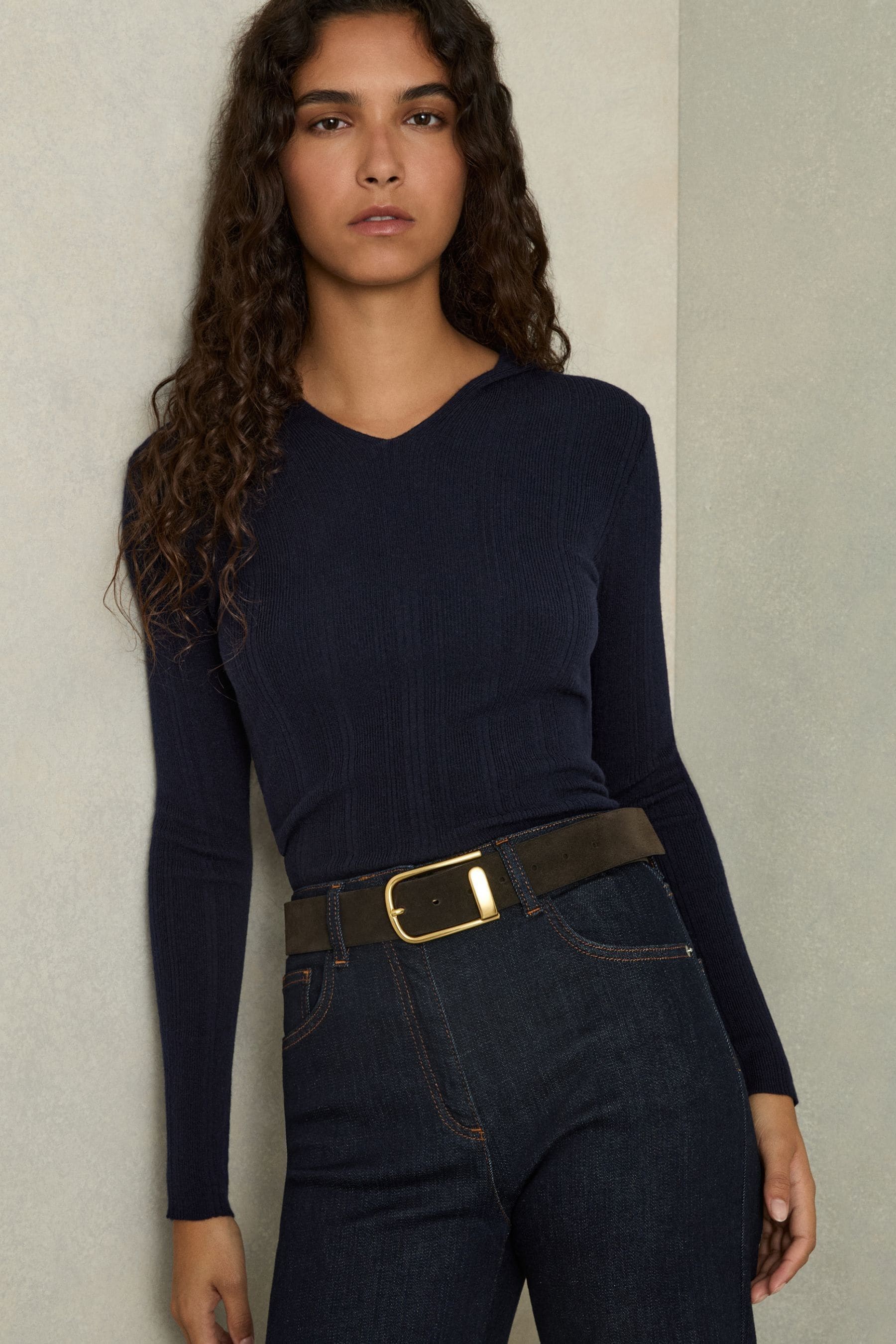 Reiss Navy Wool-blend Rib-knit Hooded Jumper