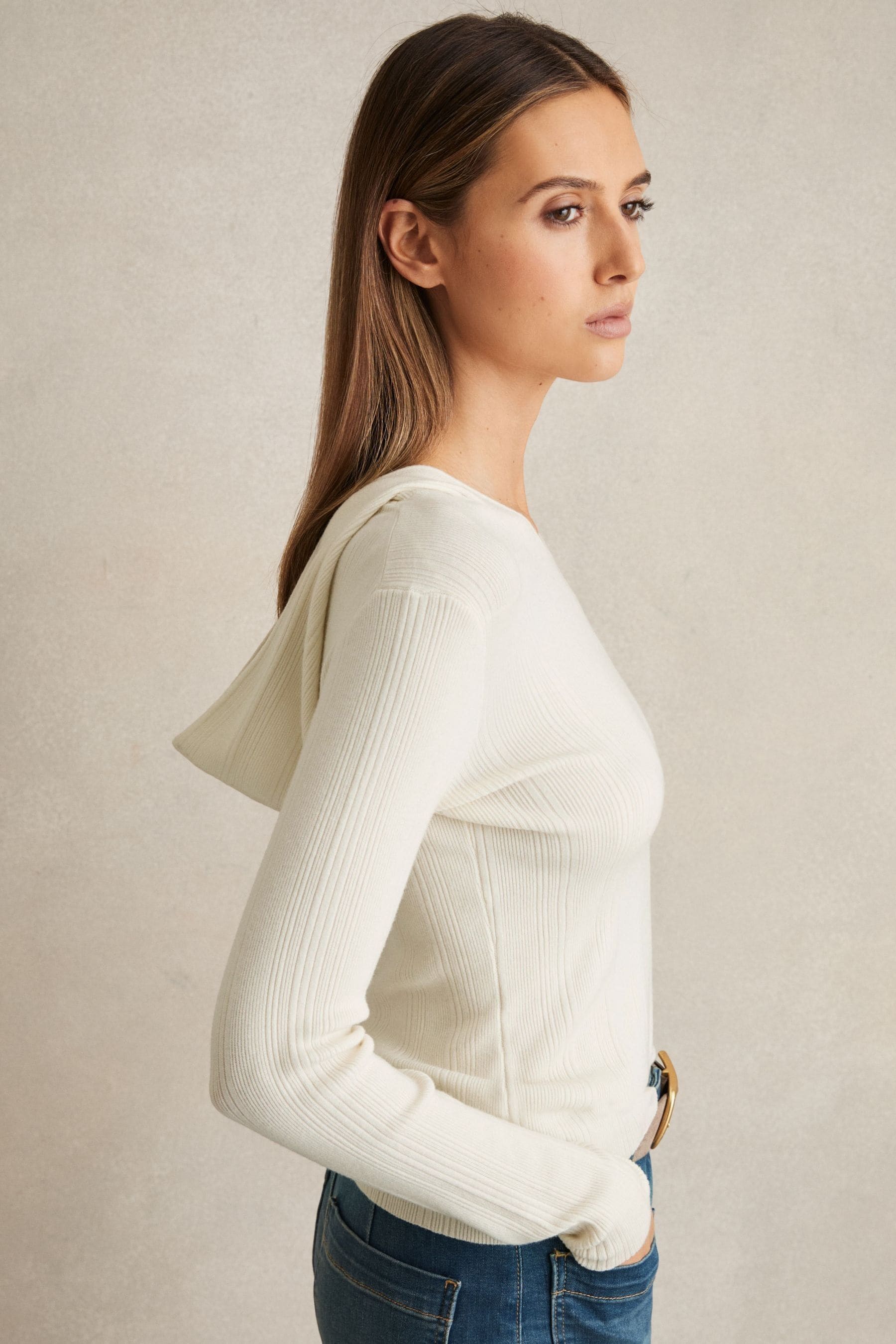 Reiss Cream Wool-blend Rib-knit Hooded Jumper In Cream