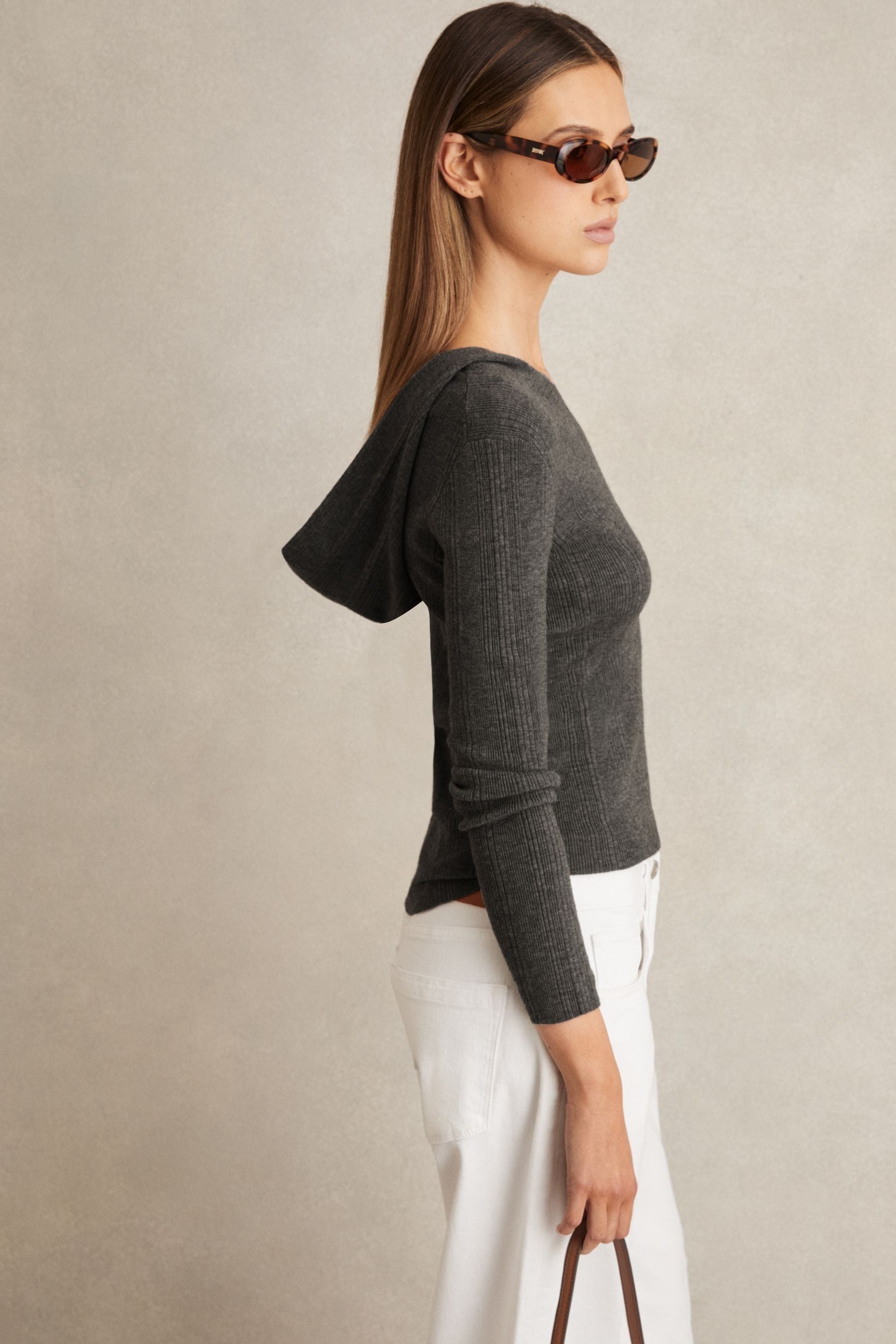 Reiss Charcoal Wool-blend Rib-knit Hooded Jumper