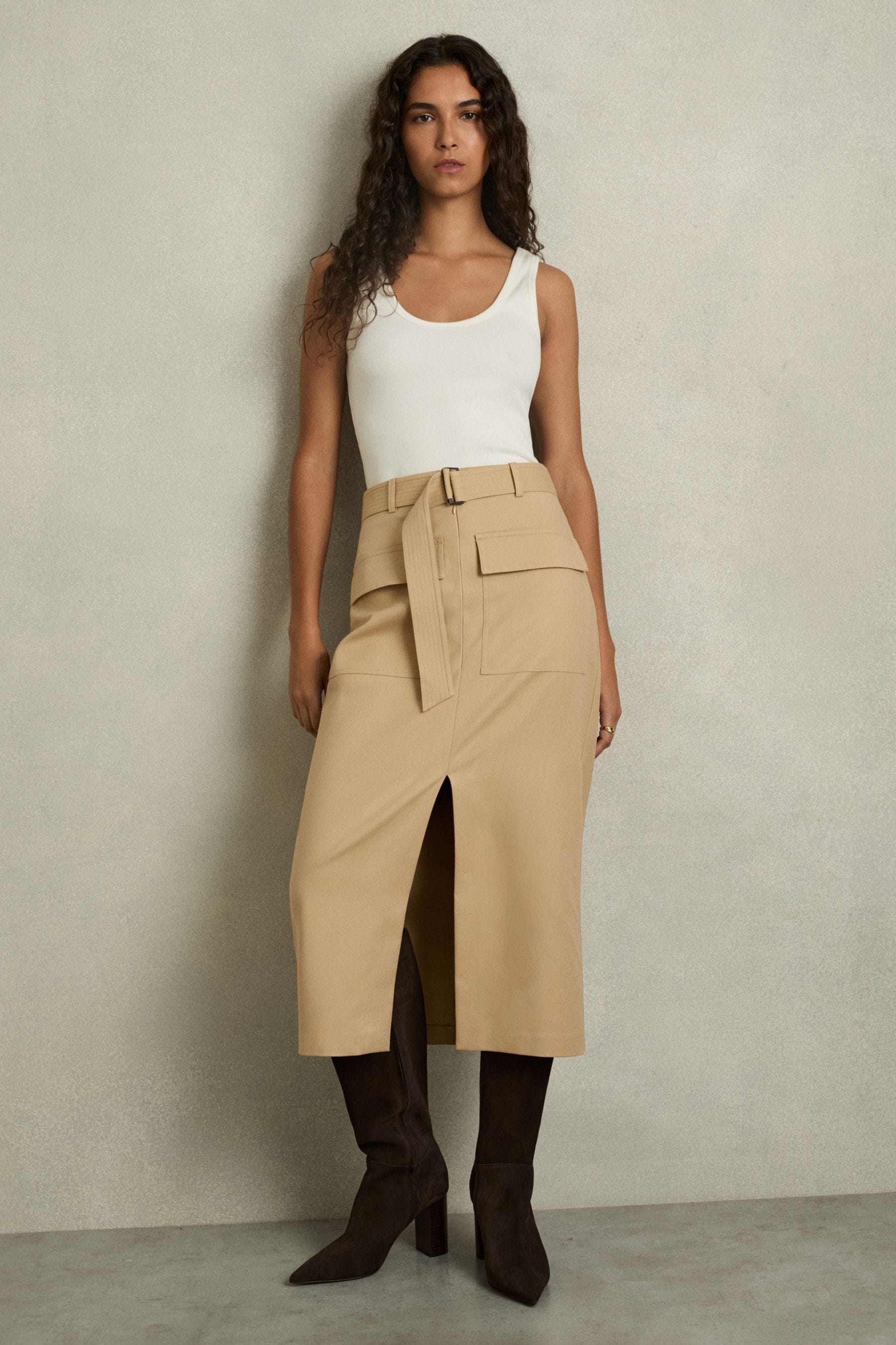 Reiss Camel Cargo Pencil Skirt With Cotton In Camel