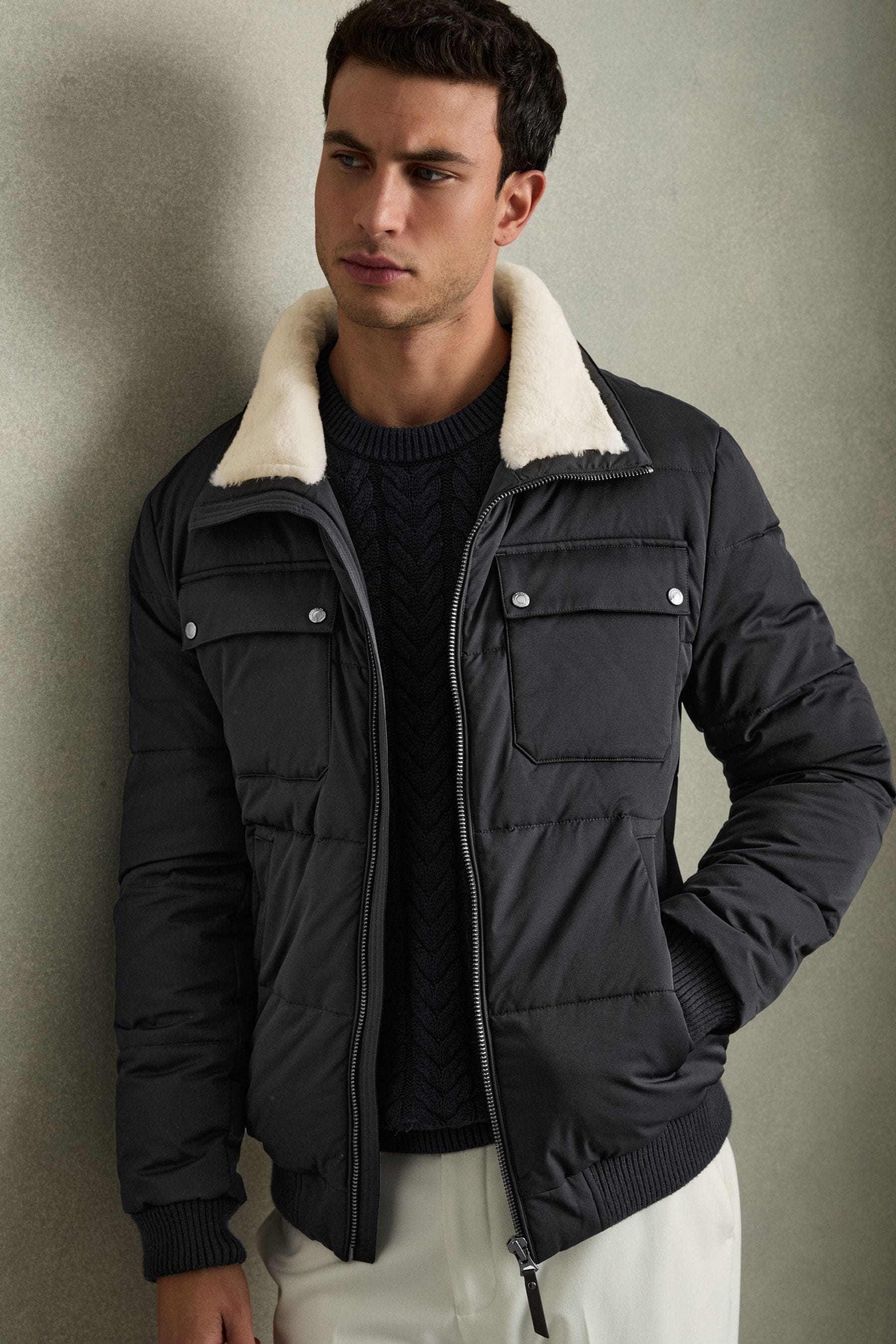 Reiss Navy/ White Borg Misty Faux-fur Collar Puffer Jacket In Navy/ White Borg