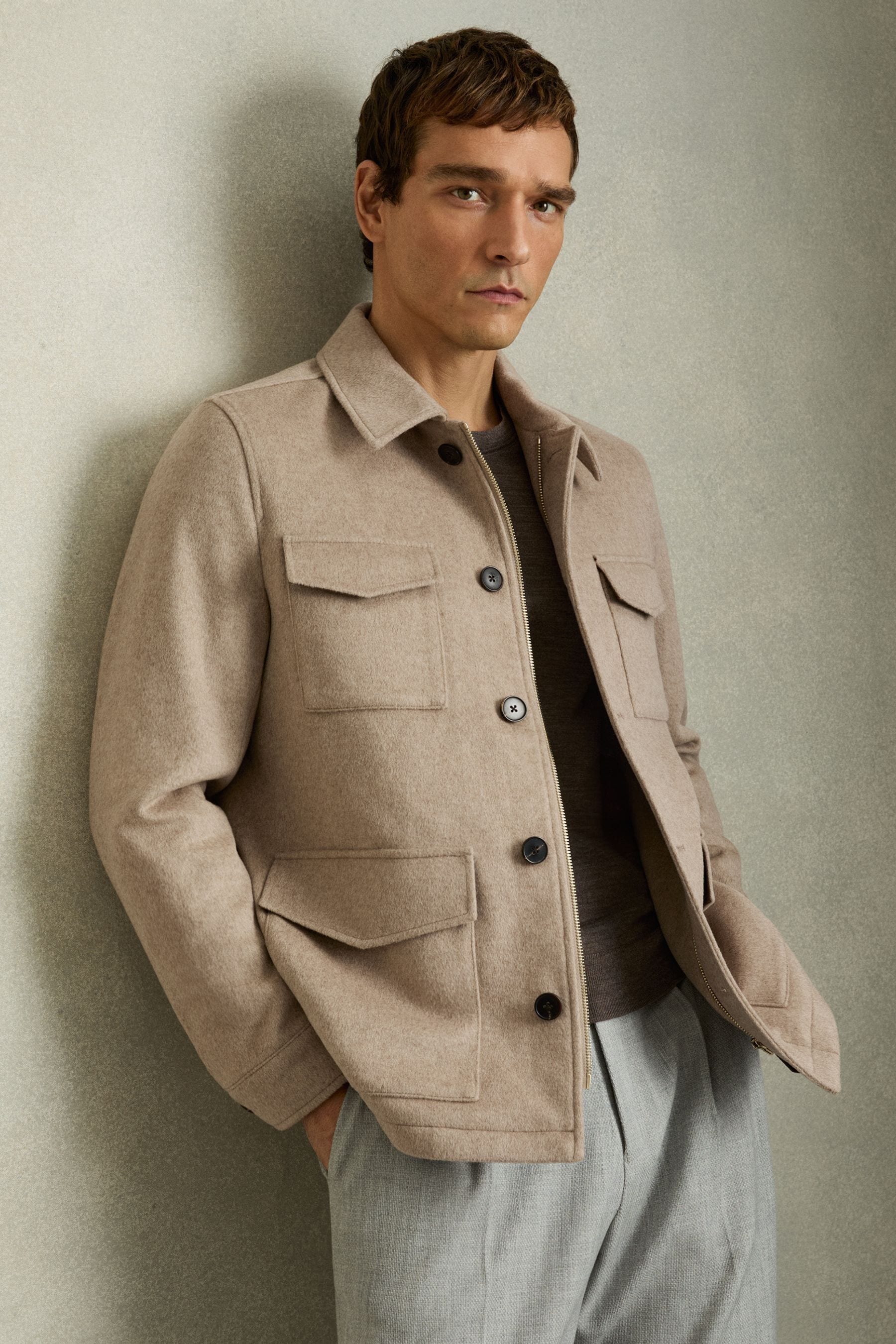 Reiss Oatmeal Melange Wool-blend Zip-through Four-pocket Jacket In Oatmeal Melange