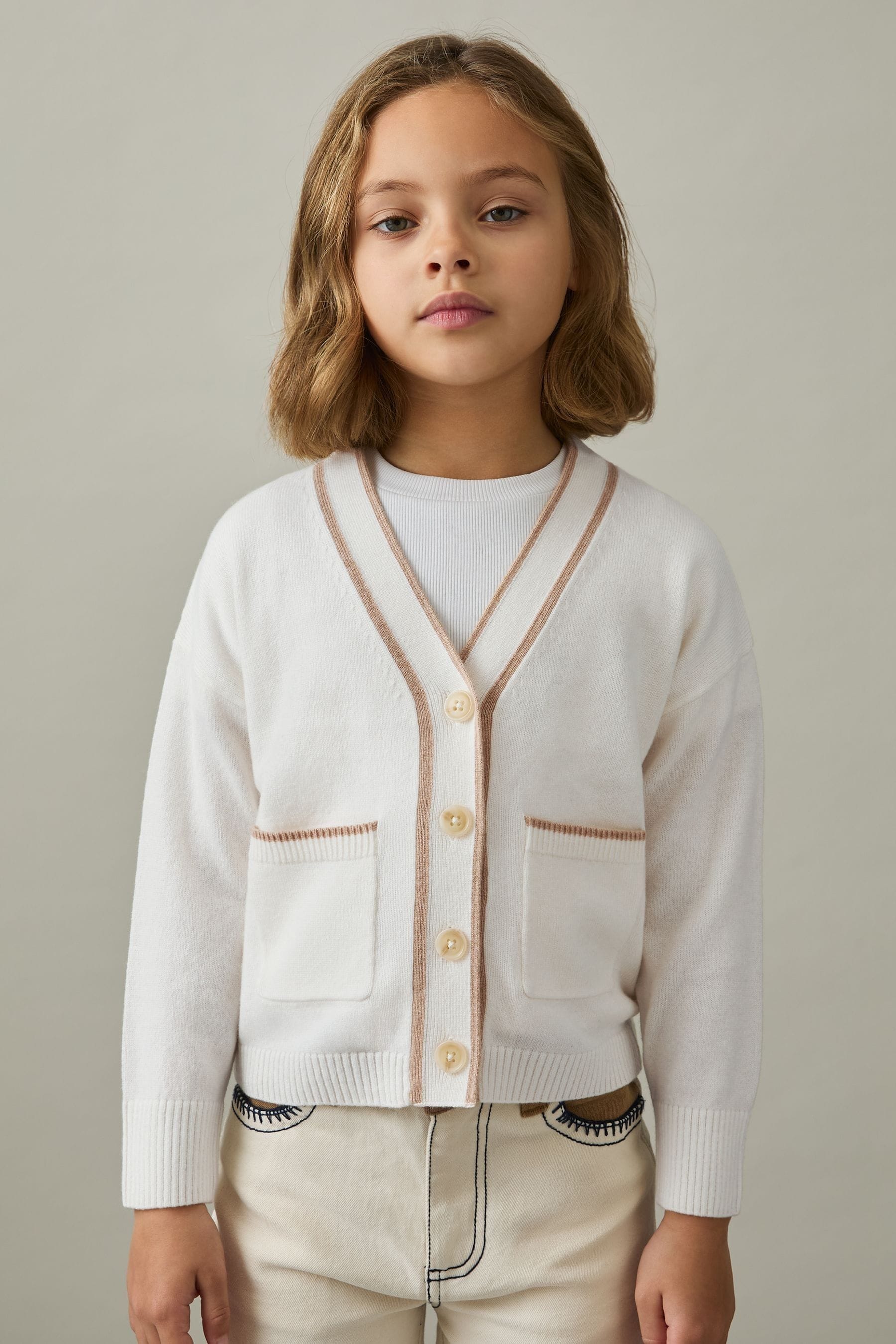 Reiss Cream 4-9 Yrs Wool-Blend Stripe-Detail Cardigan With Cashmere, 45Y