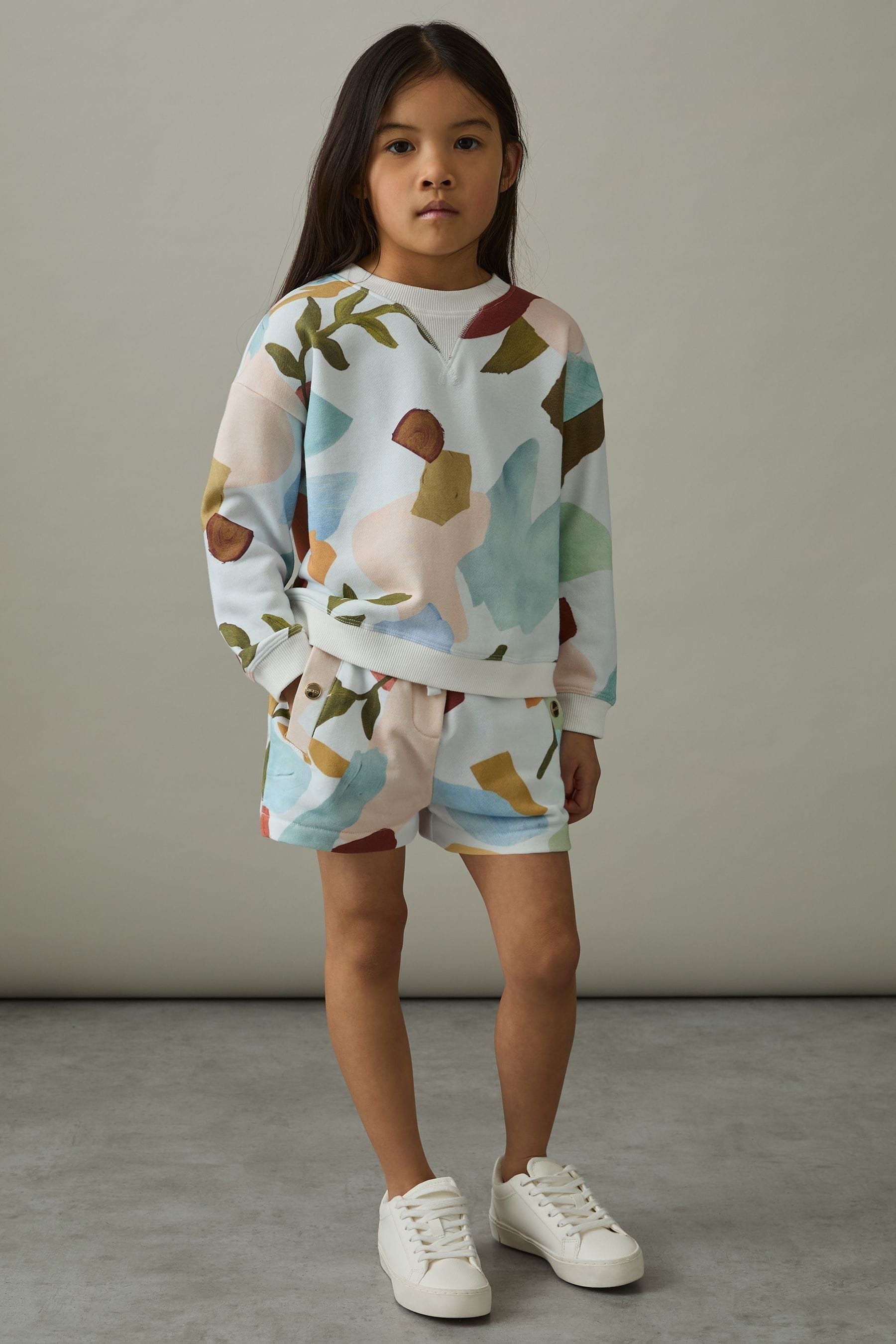 Reiss Girl's Cream & Blue Cotton Sweatshirt And Shorts Set In Multi