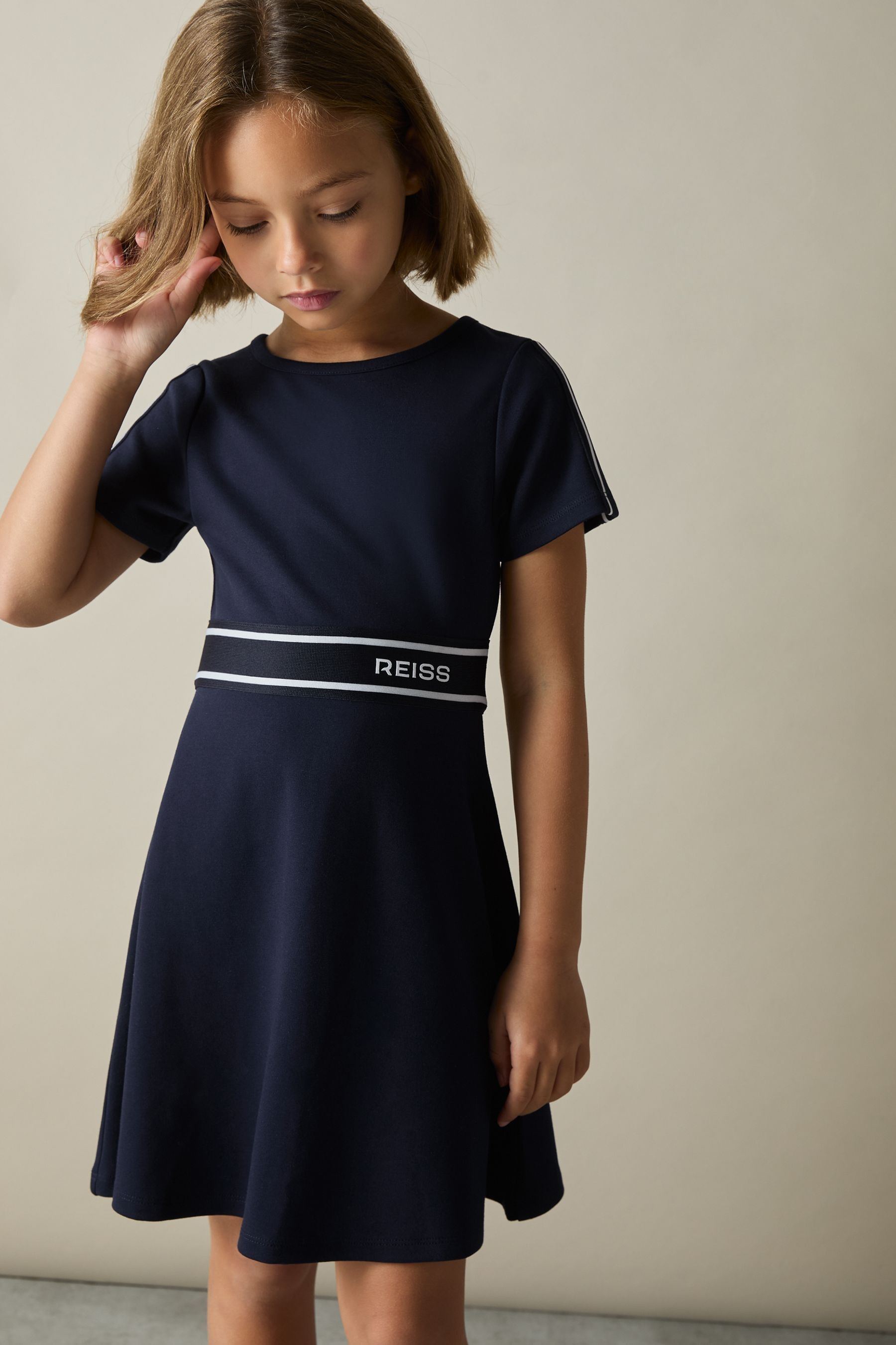 Reiss Navy 4-9 Yrs Interlock-jersey Logo-waistband Dress In Navy