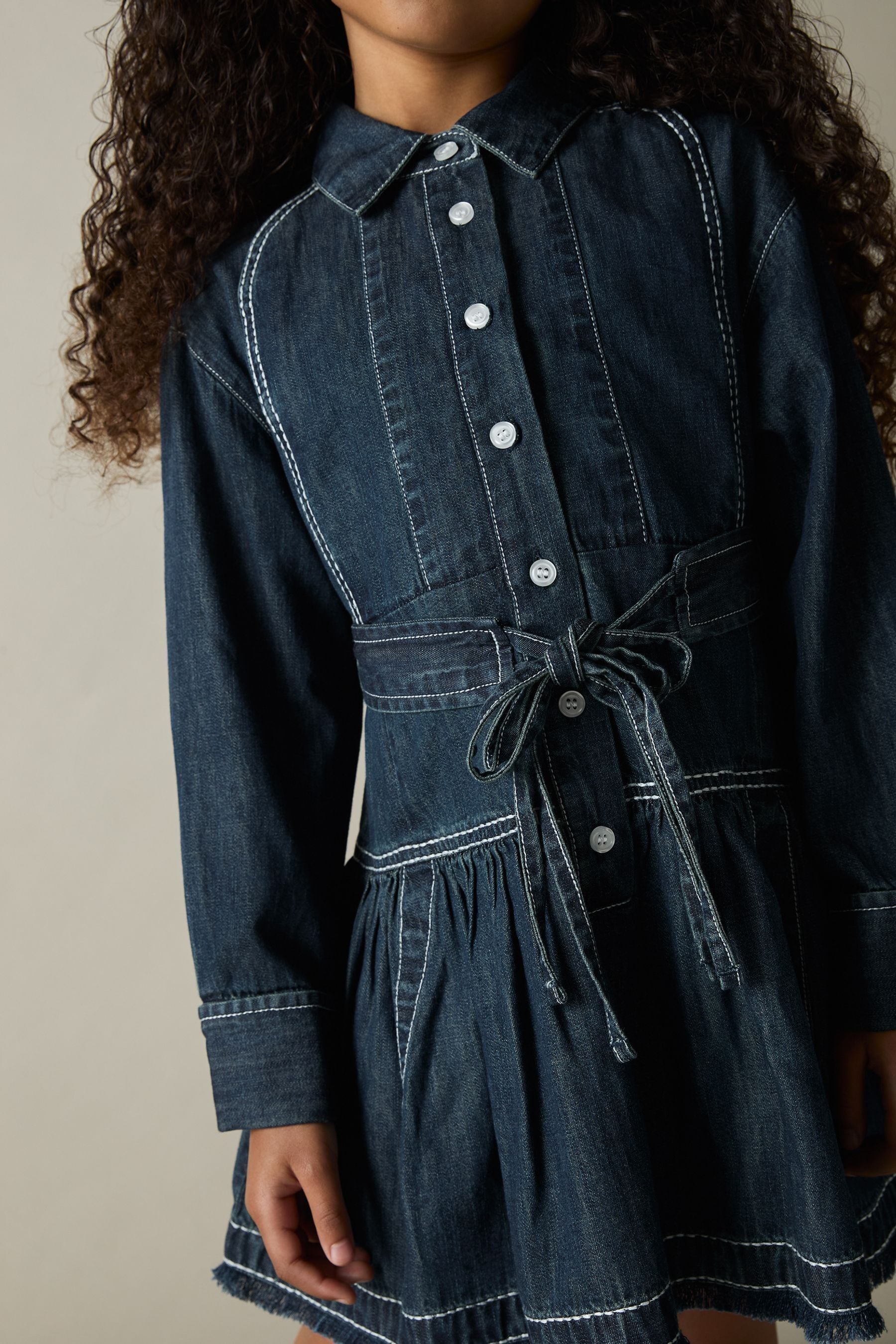 Reiss Blue Chambray Contrast-stitch Flippy Dress