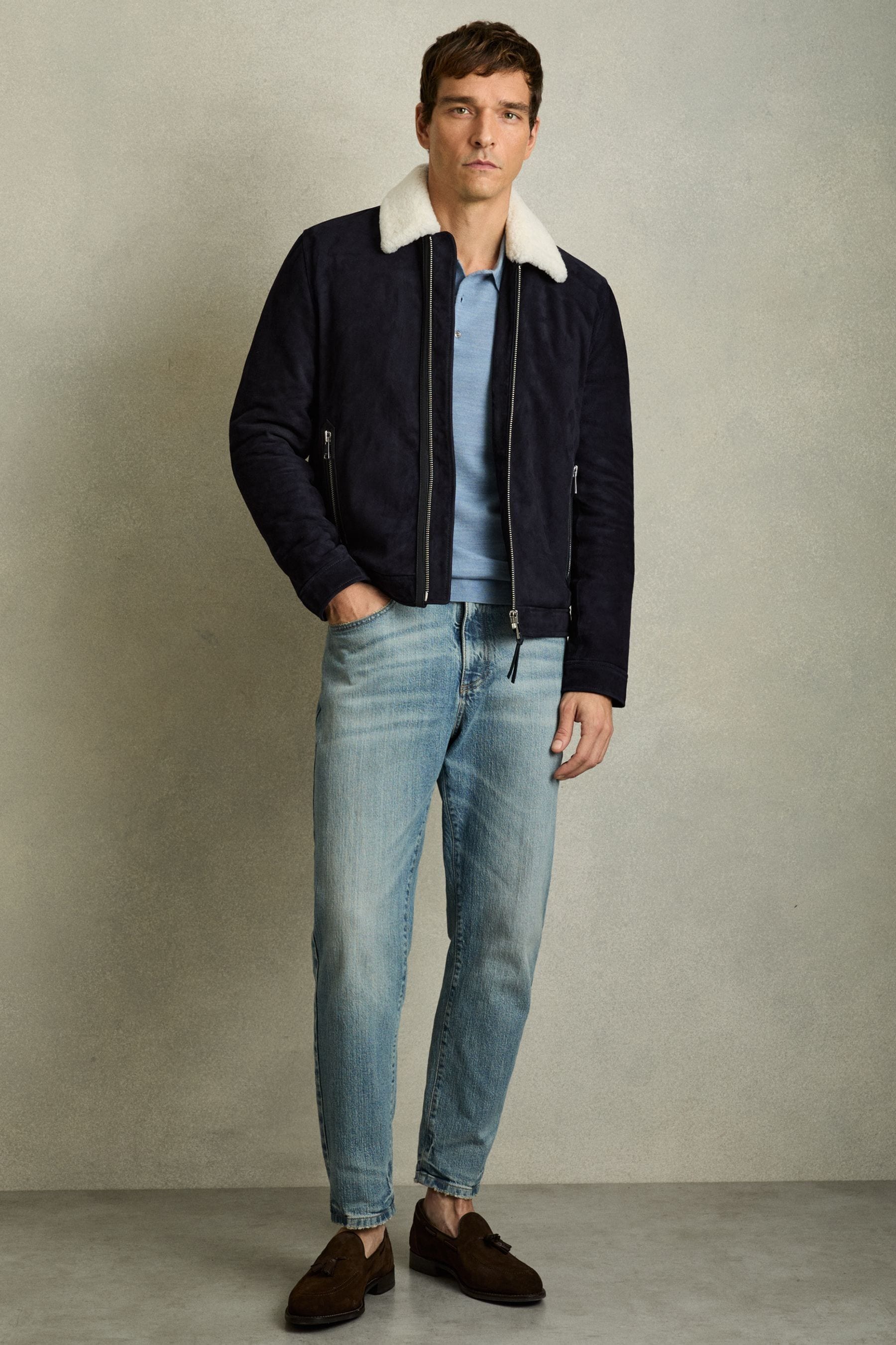Reiss Navy Suede Shearling-collar Jacket