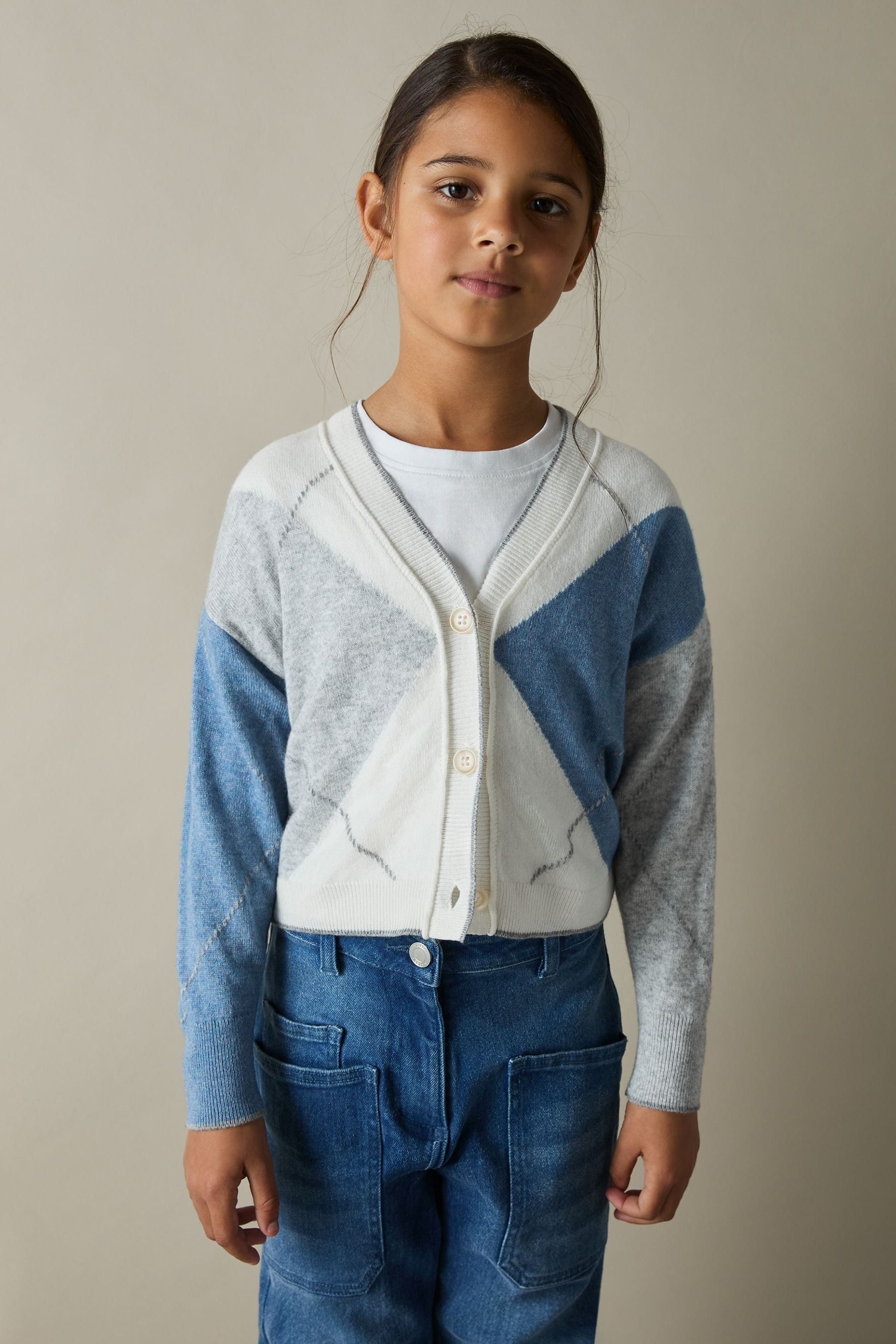 Reiss Blue 4-9 yrs Argyle Cardigan With Wool And Cashmere, 89Y