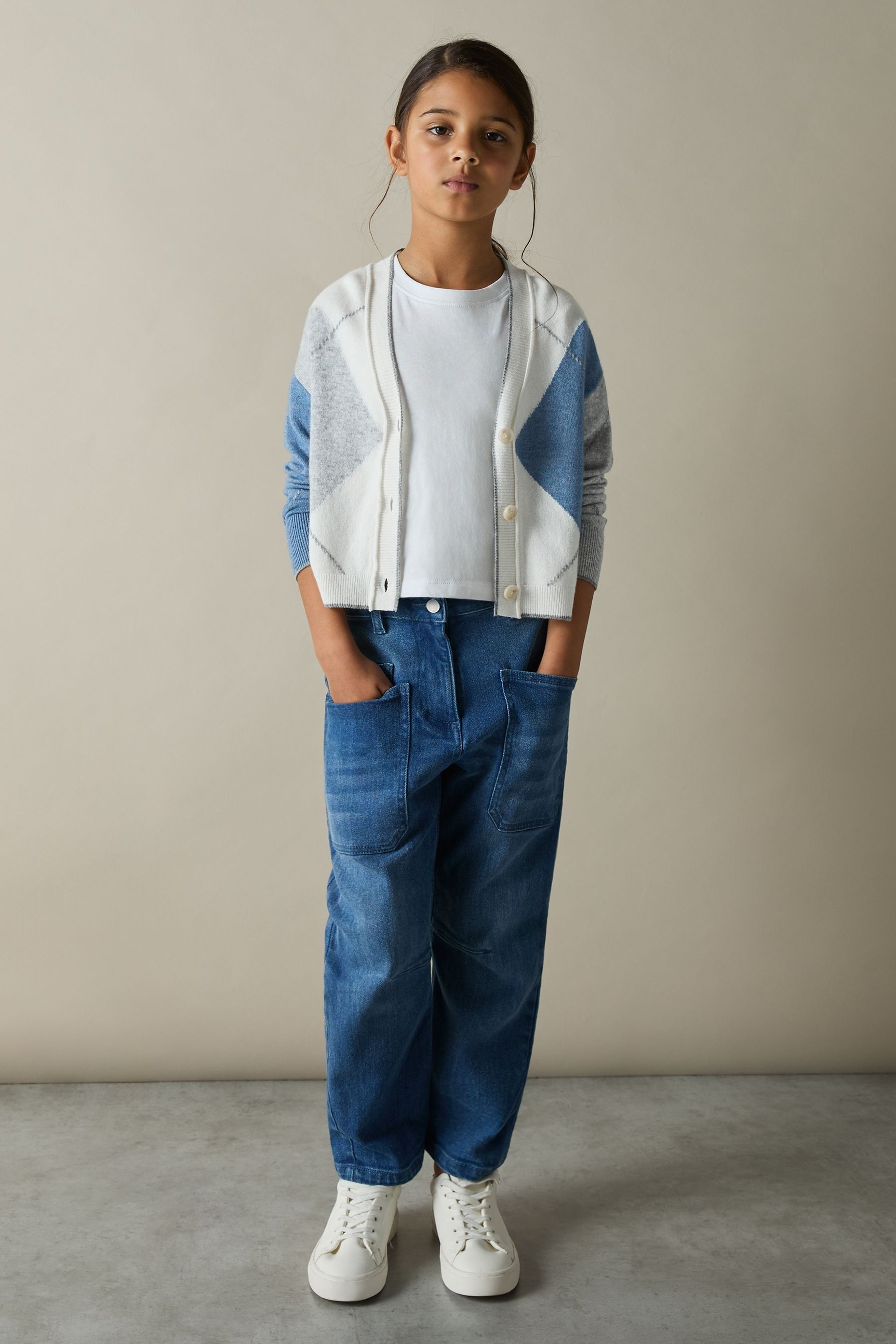 Reiss Blue Stanton 9-13 Yrs Argyle Cardigan With Wool And Cashmere In Blue