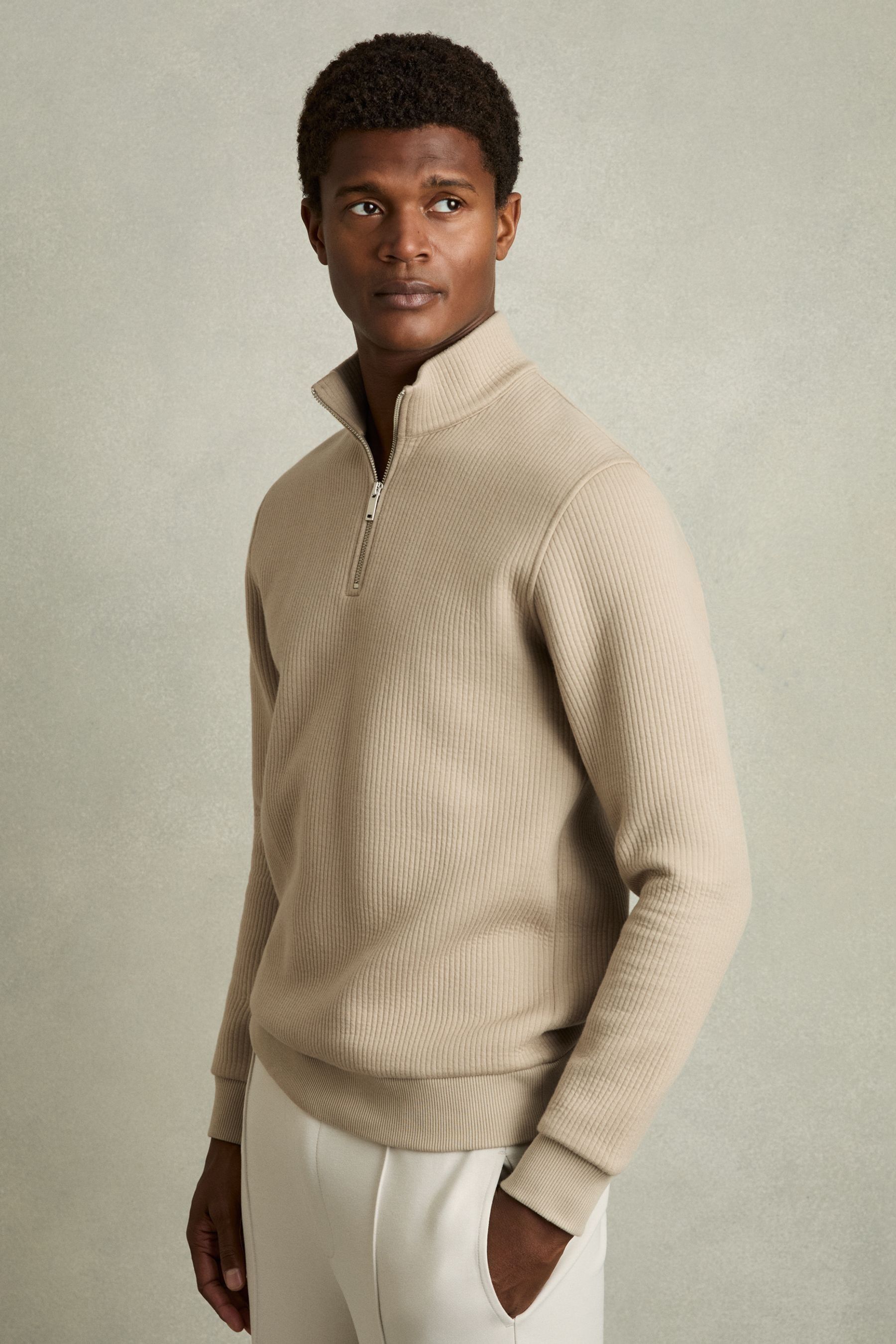 Reiss Taupe Half-zip Funnel-neck Jumper
