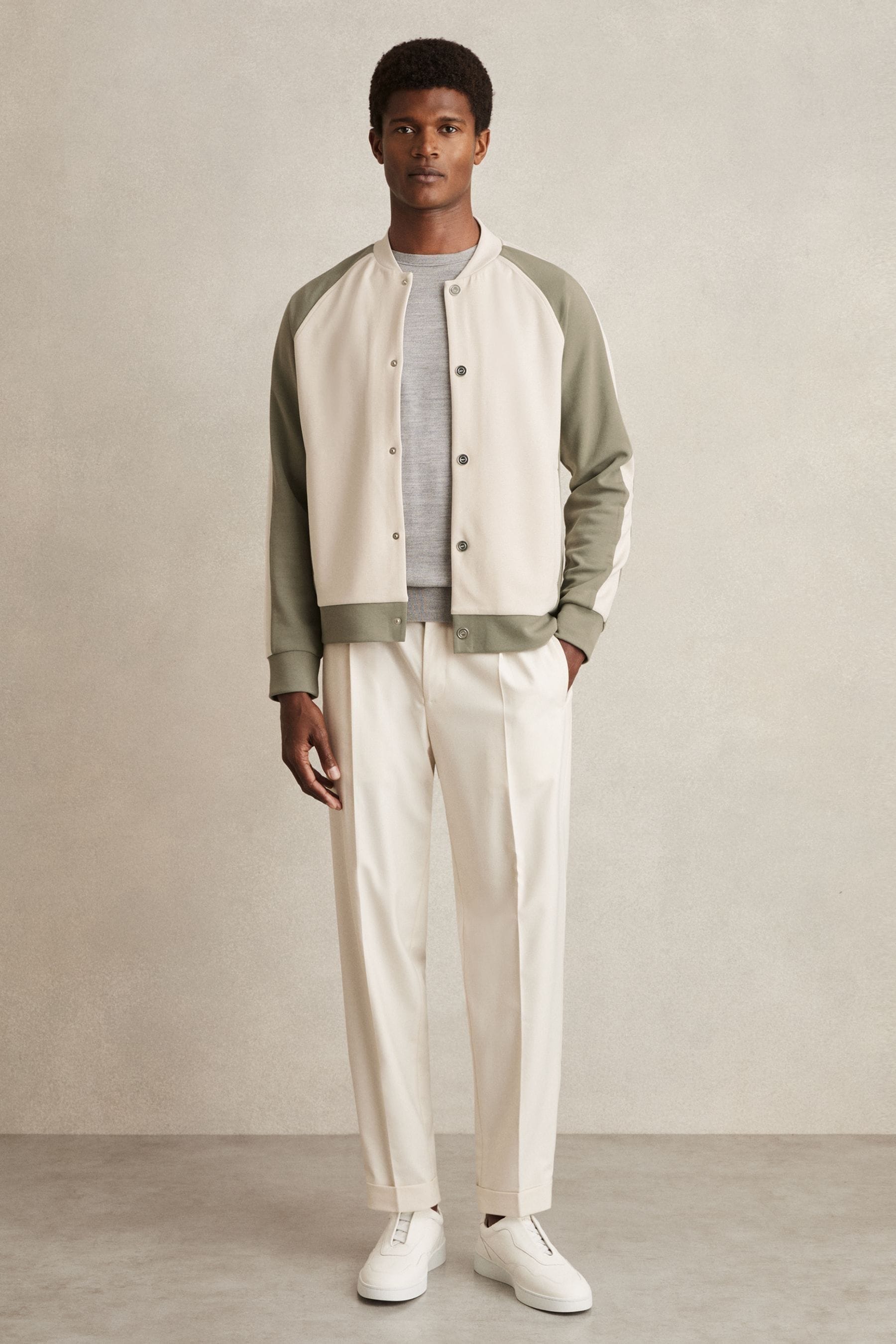 Reiss Off White/sage Interlock Colour-block Bomber Jacket