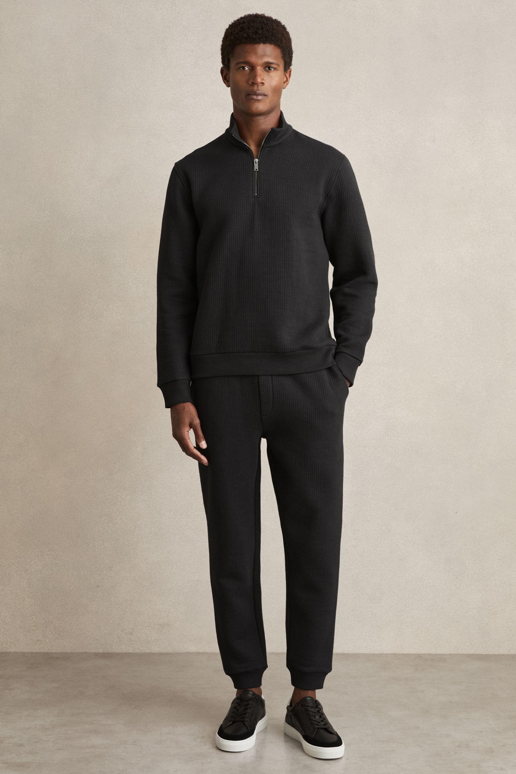 Reiss Washed Black Cotton-blend Ribbed Drawstring Joggers