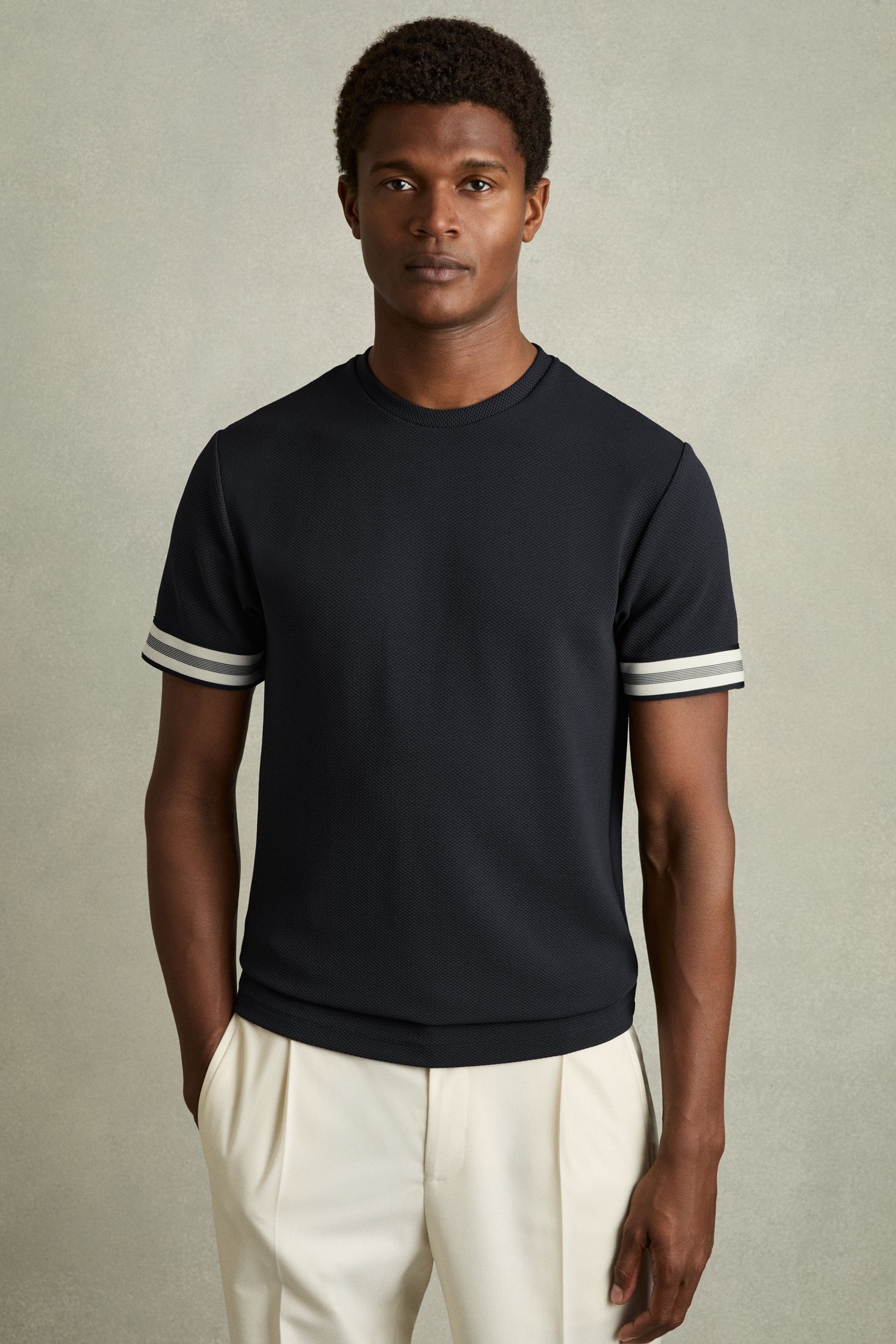 Reiss Navy Blue Textured Crew-neck Tipped T-shirt In Navy