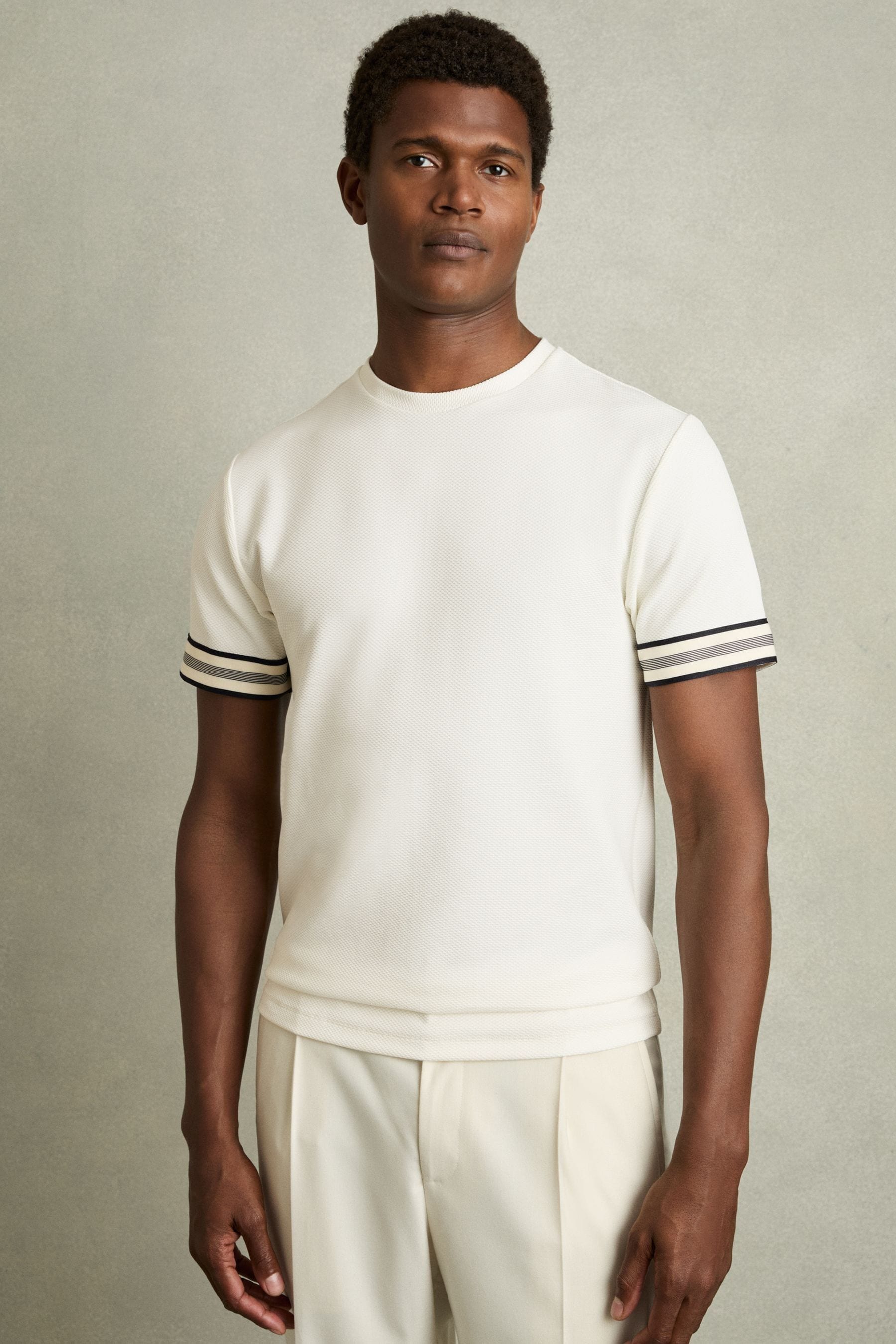 Reiss White Tape-cuff Textured T-shirt In White