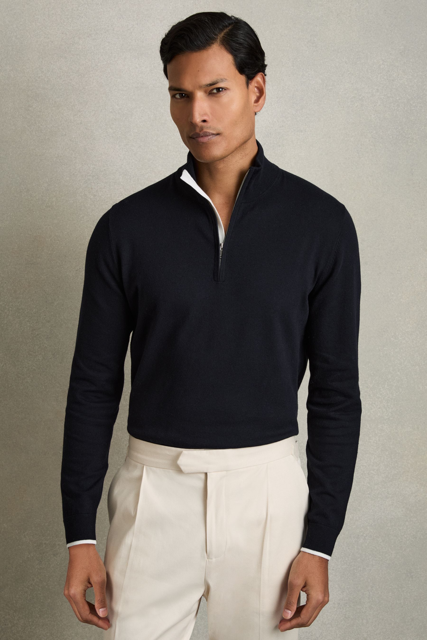 Reiss Navy Cotton Blend Half Zip Jumper, S