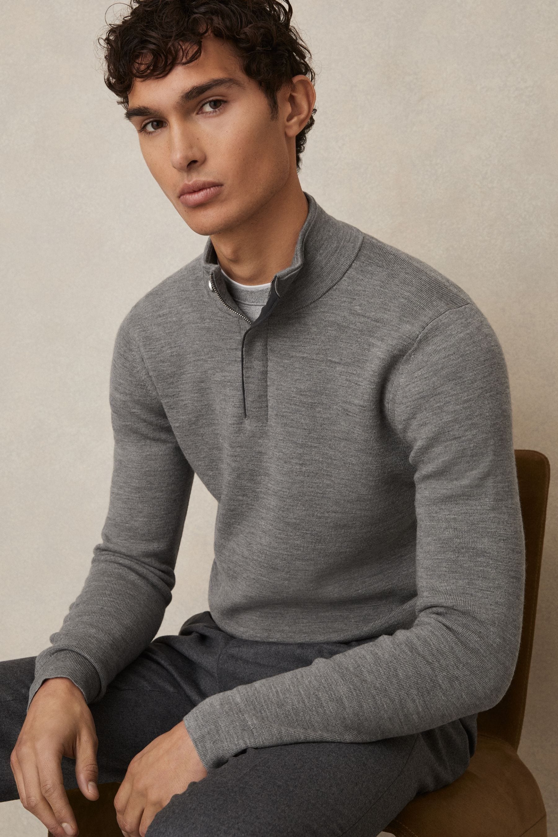 Reiss Warm Grey Melange Merino Wool Half-zip Jumper, Xxl
