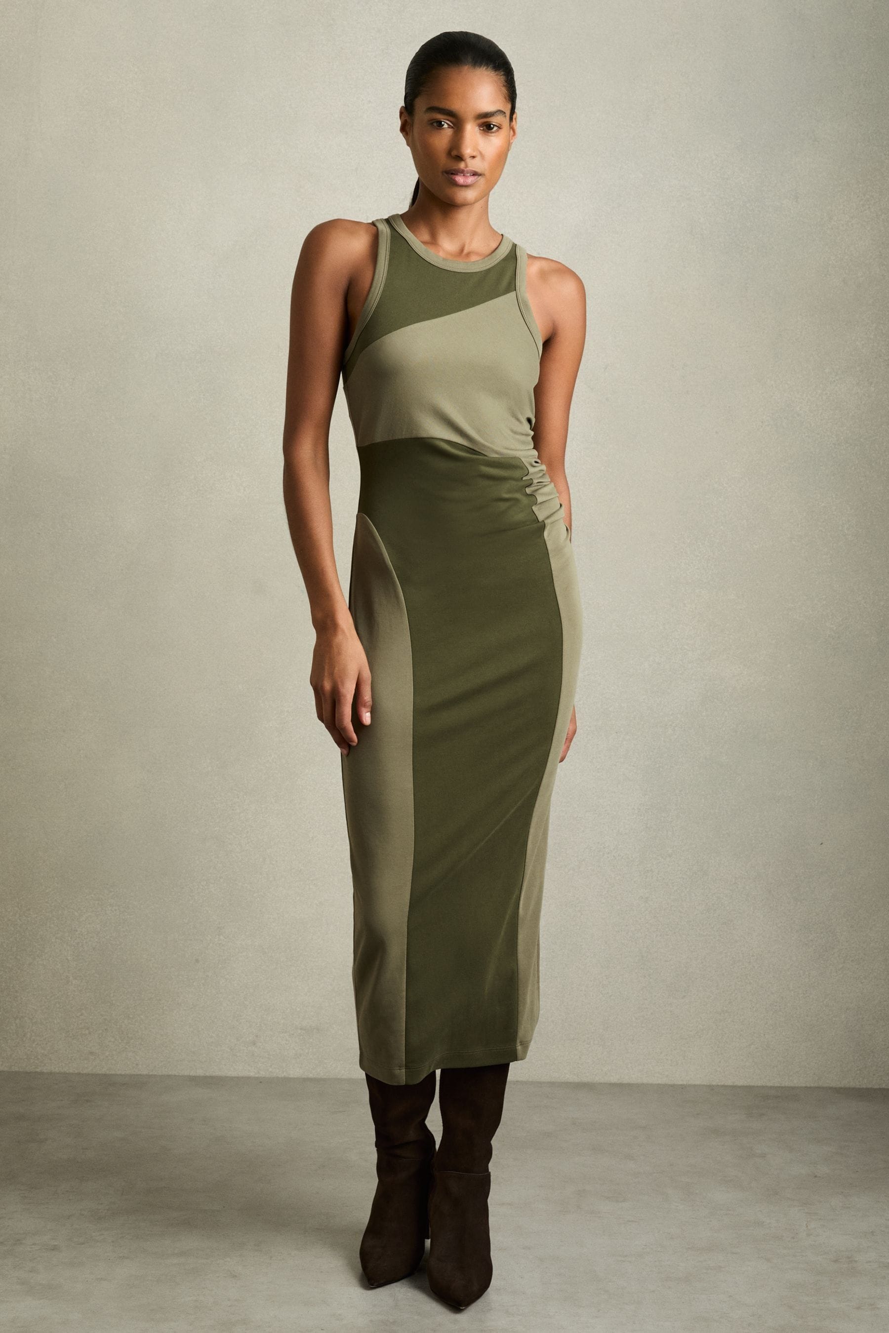 Reiss Khaki Colourblock Jersey Bodycon Dress In Khaki