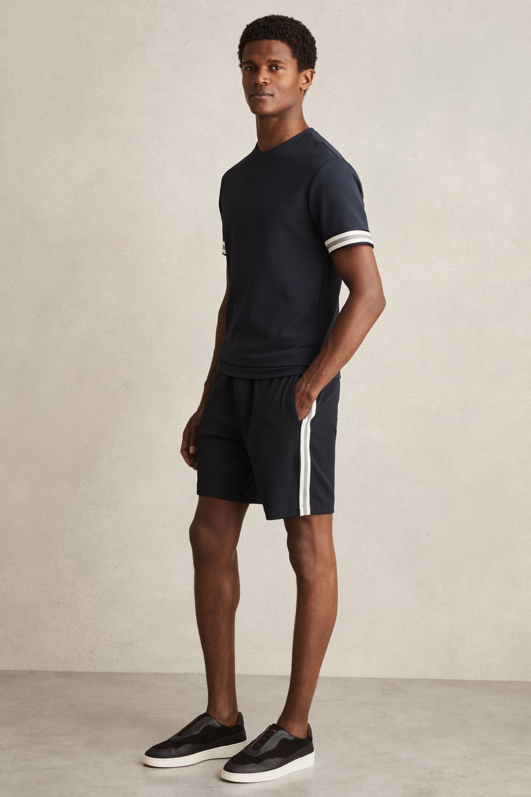REISS NAVY TEXTURED TAPE DRAWSTRING SHORTS