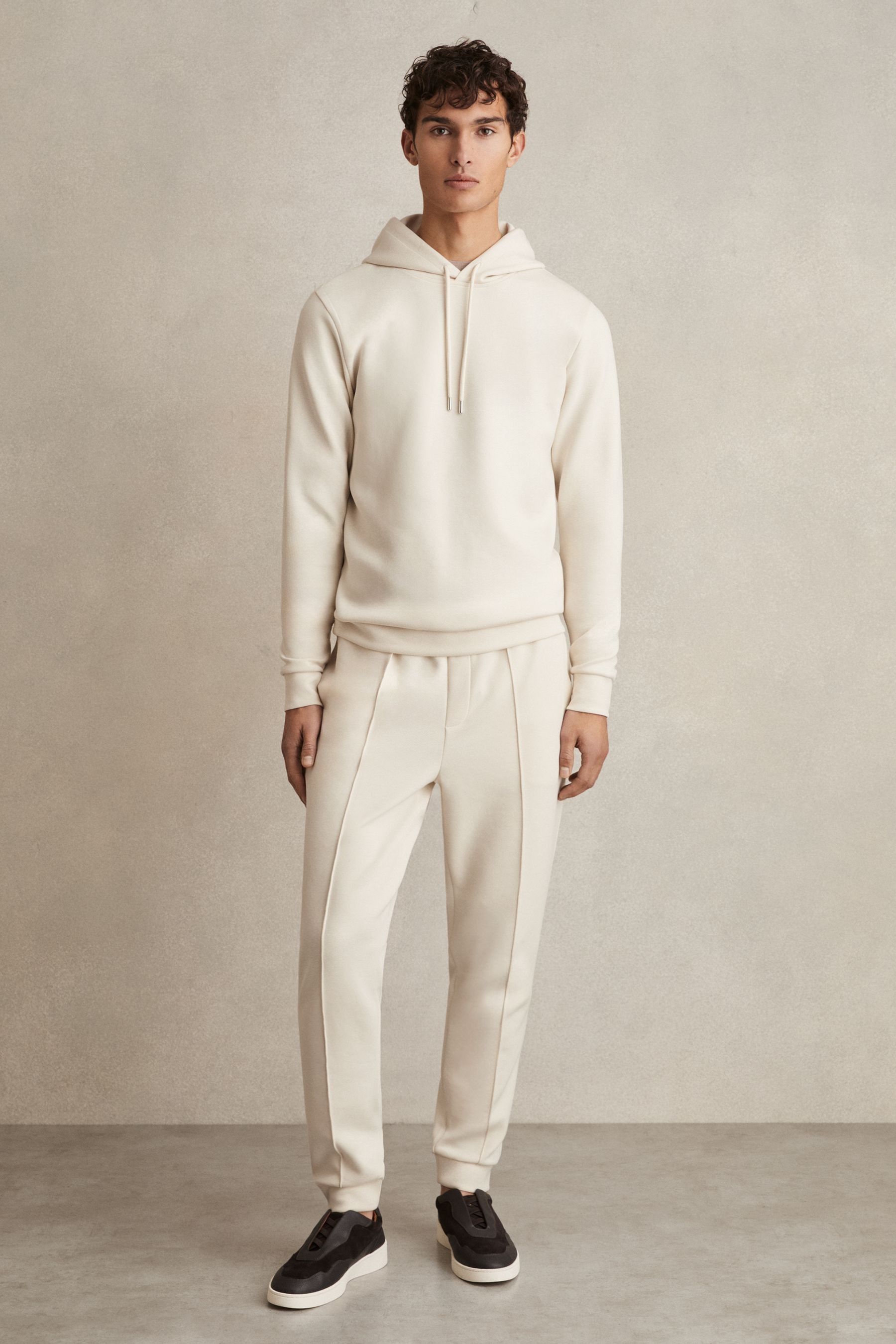 Reiss Off White Interlock Jersey Drawstring Hoodie
