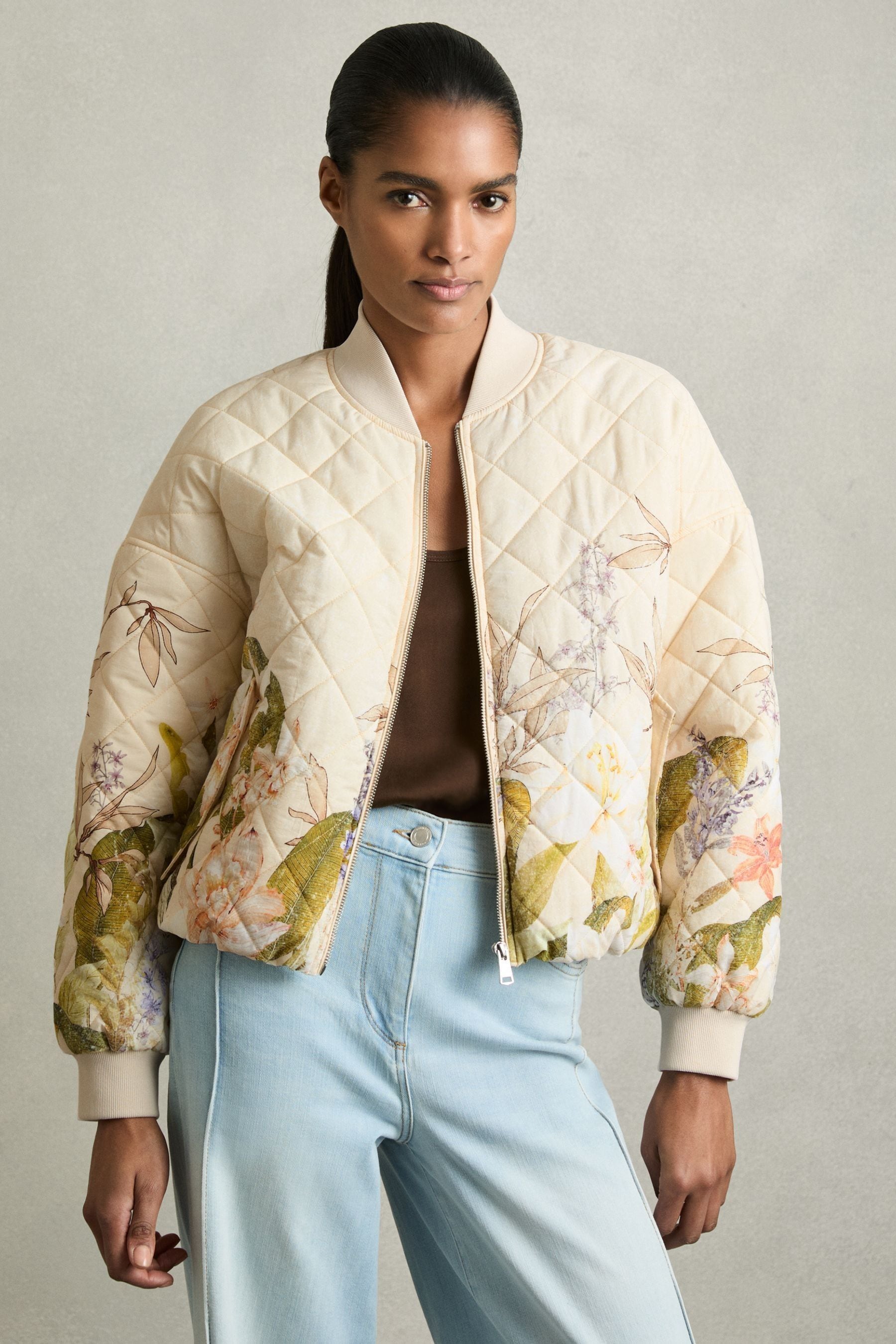 Reiss Women's Pink & Green Printed Bomber Jacket, Size: S