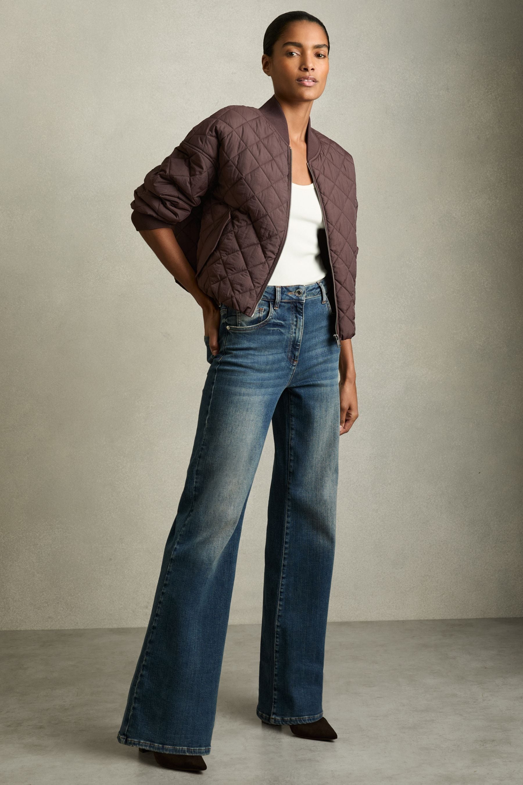 Reiss Burgundy Quilted Printed Bomber Jacket, S