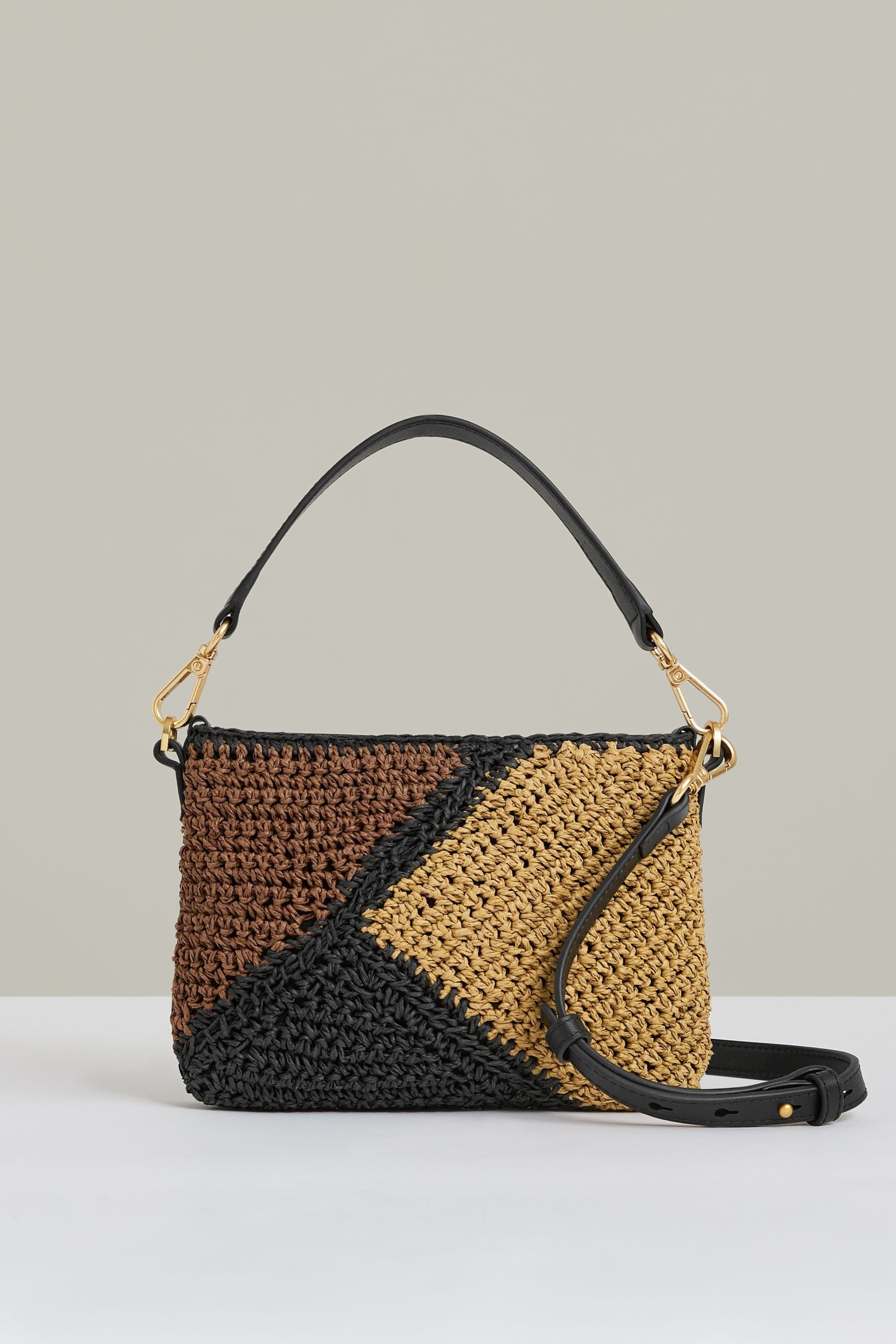 Reiss Tan Raffia Colour-block Cross-body Bag,