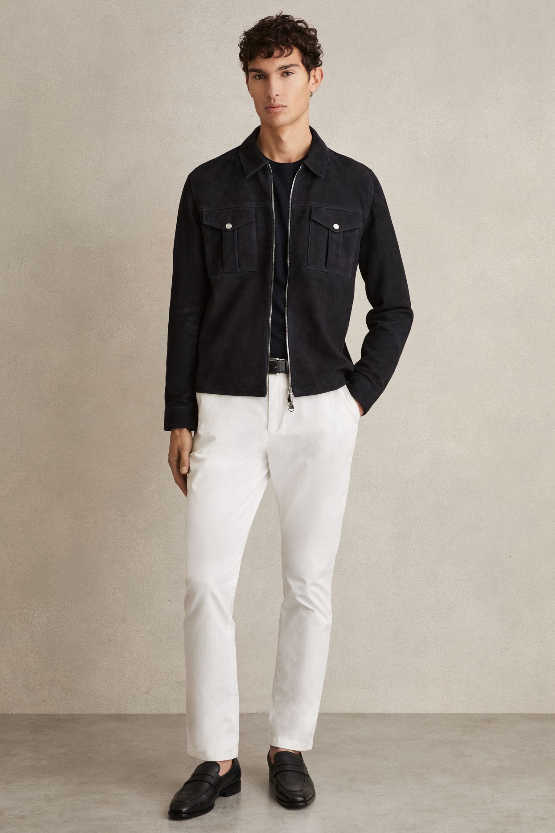 Reiss Mens Belle Zip-through Suede Shirt Jacket Navy