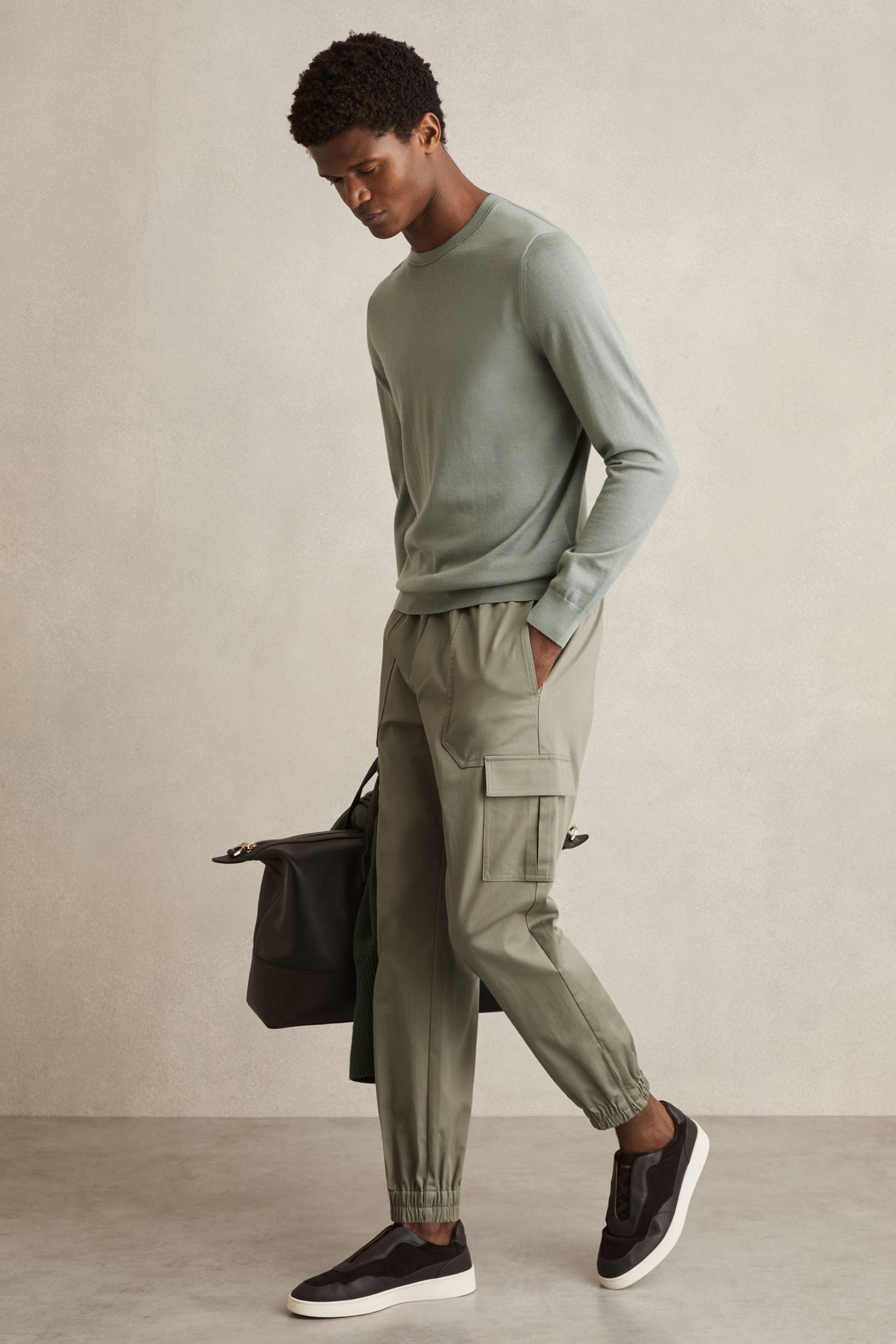 Reiss Washed Khaki Green Cotton Drawstring Cargo Trousers