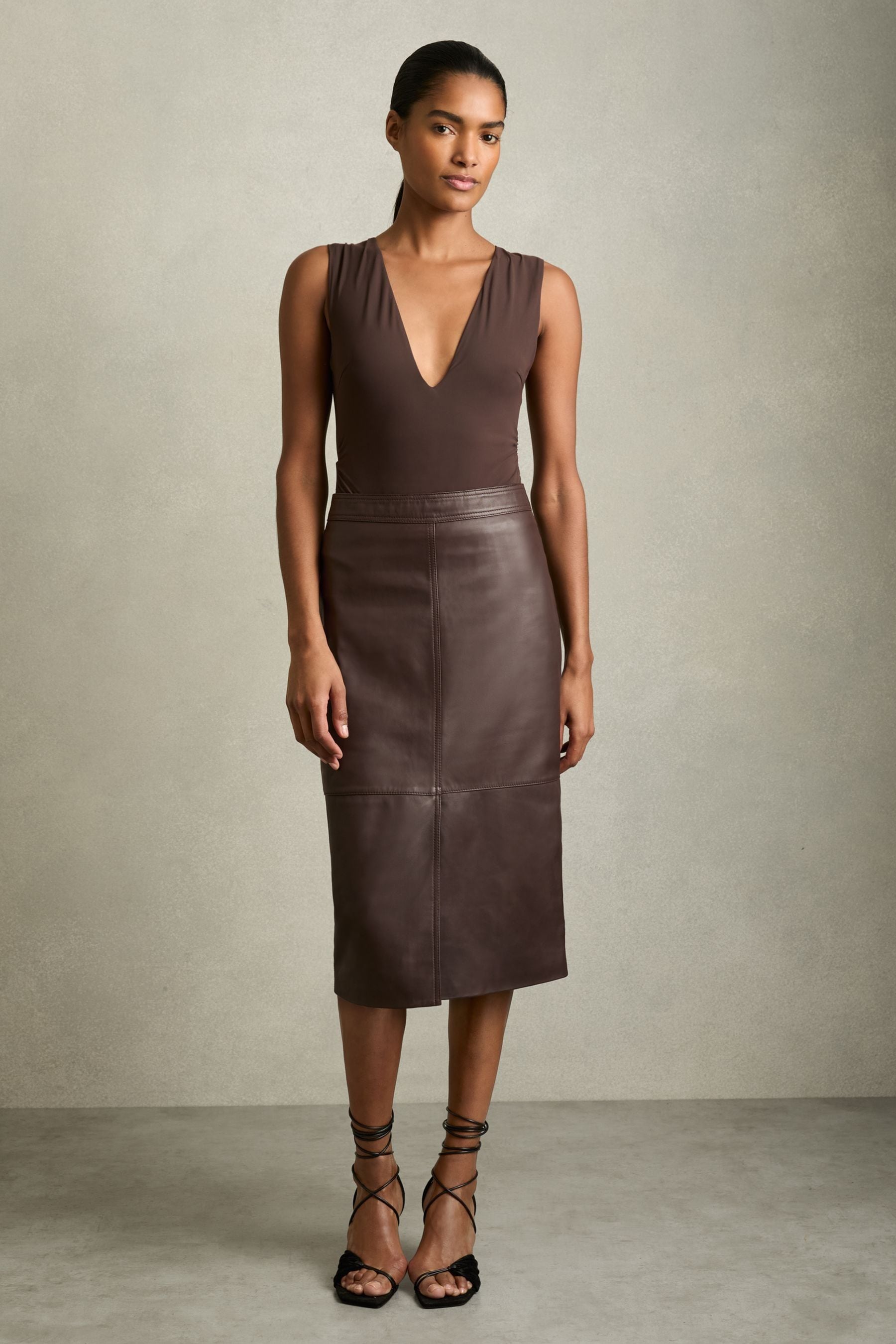 Reiss Burgundy Leather Pencil Skirt, 16