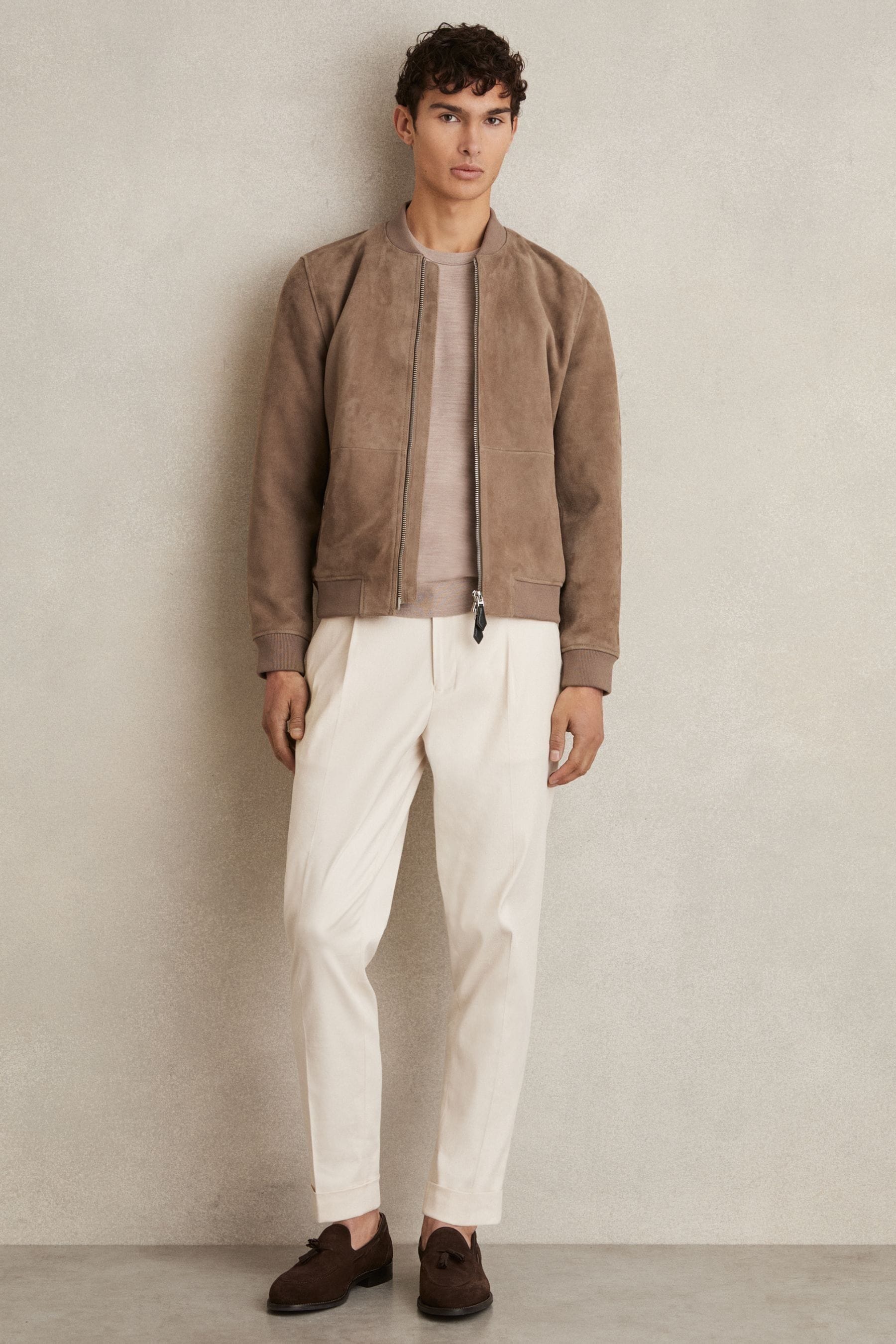 Reiss Mens Mink Zip-through Suede Bomber Jacket Xl