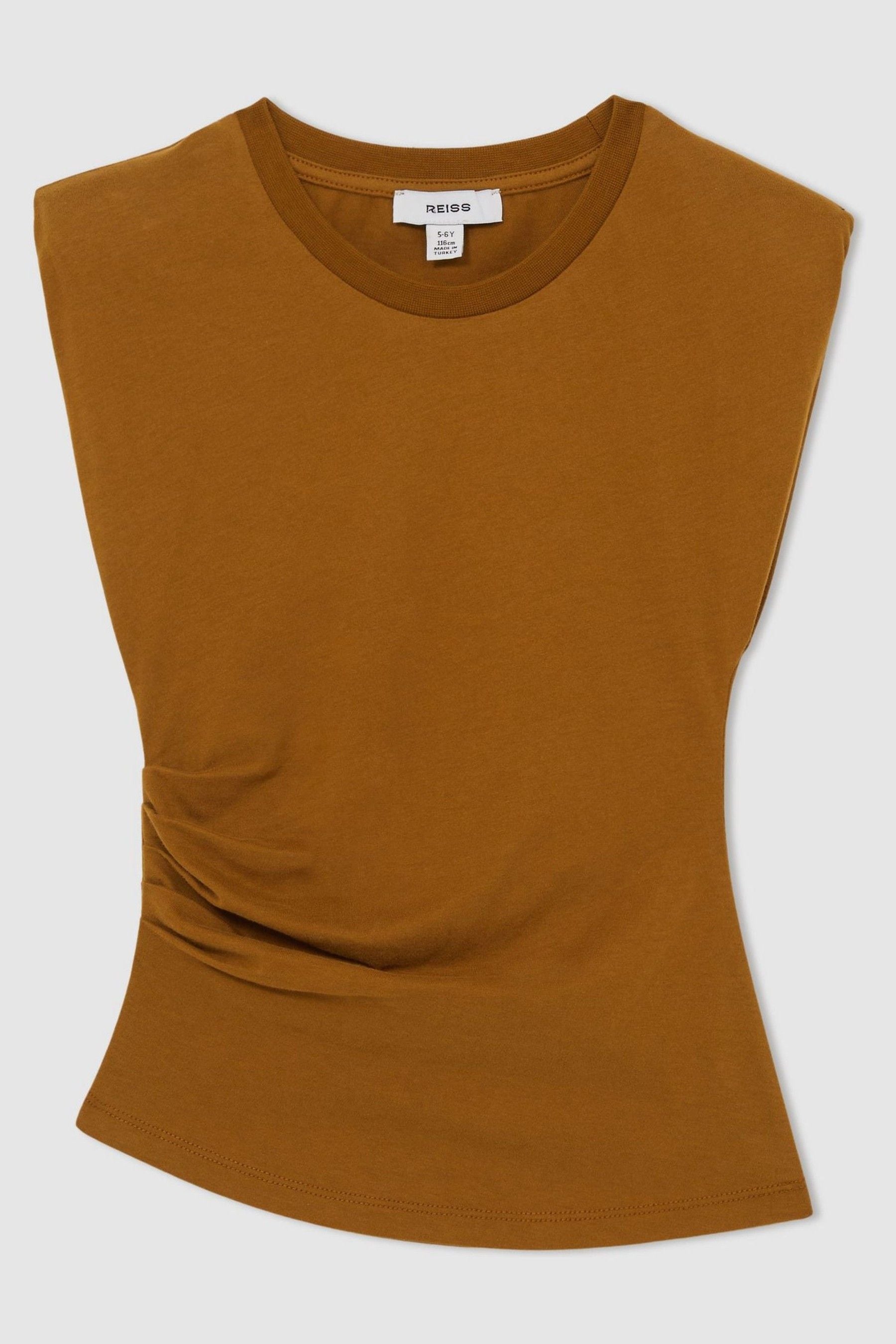 REISS TAN SADIE 13-14 YRS COTTON JERSEY CAP SLEEVE RUCHED TOP